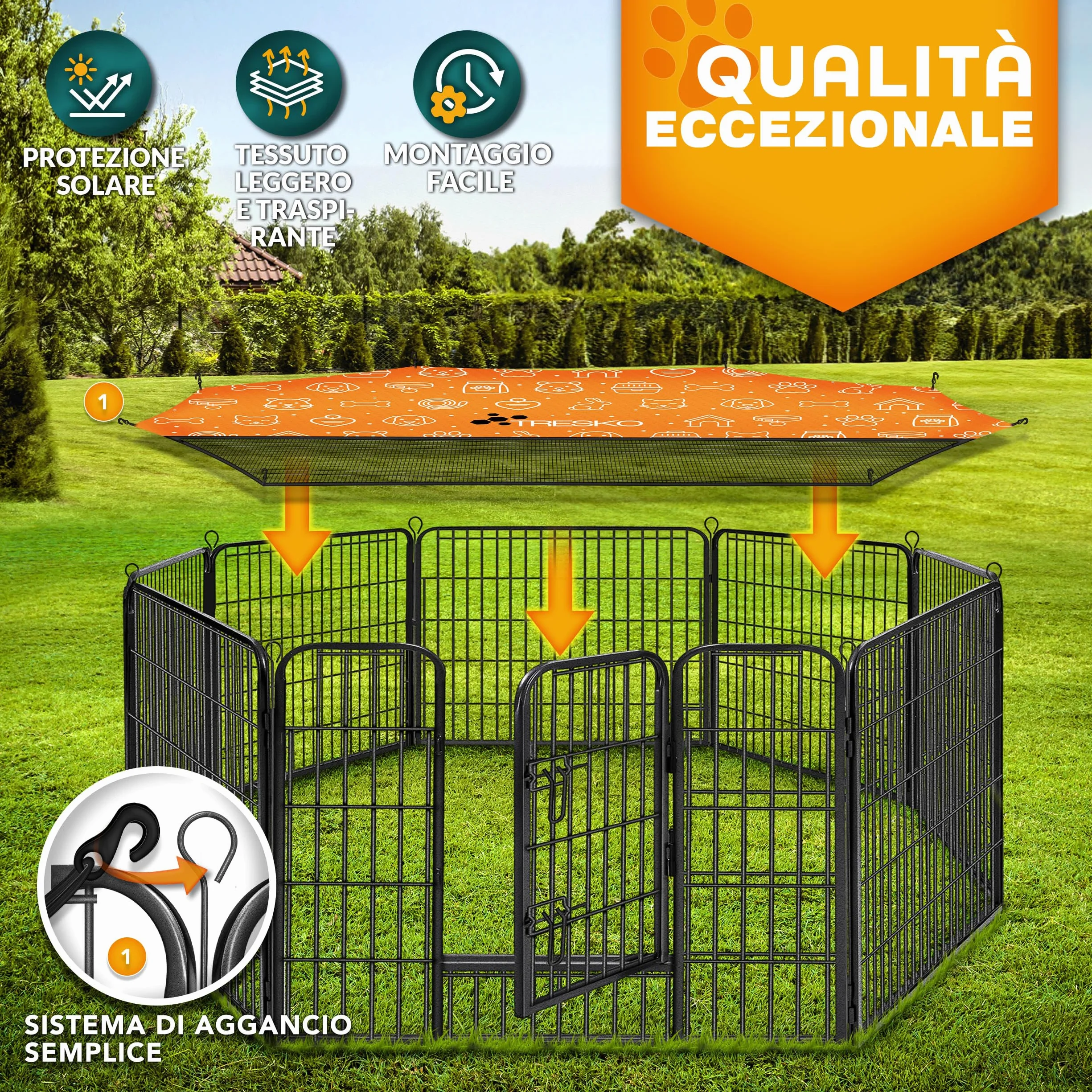 TRESKO® Recinzione Recinto 80 cm per Cani, Gabbia per Cuccioli con 8 picchetti inclusi, Box in Metallo Robusto (77 x 60 cm)