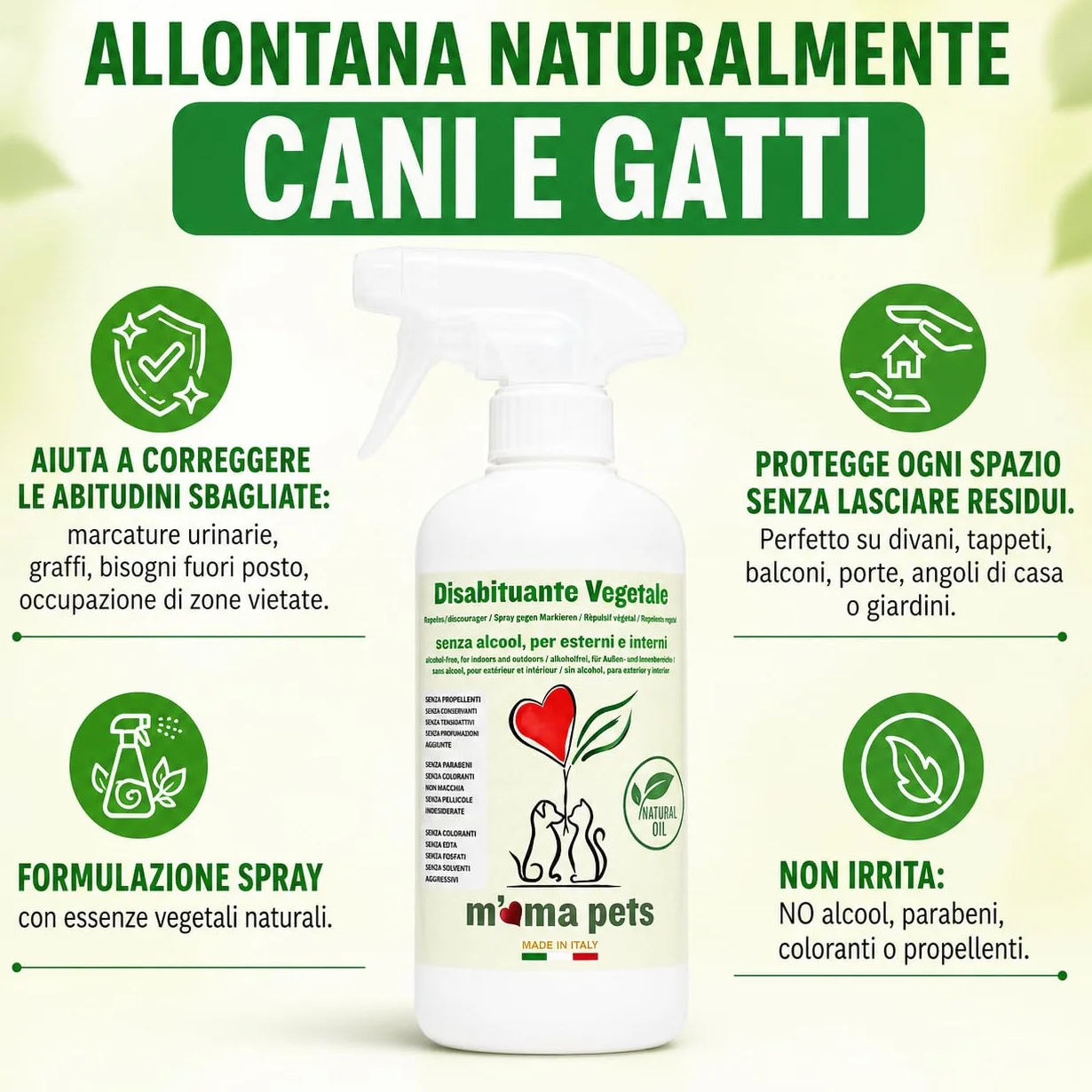 M' MA PETS Repellente Disabituante per Cani e Gatti 100% Naturale, Made in Italy - Spray Anti Urina Uso Interno ed Esterno – Formula Green a Base Vegetale Senza Alcool - 500ml