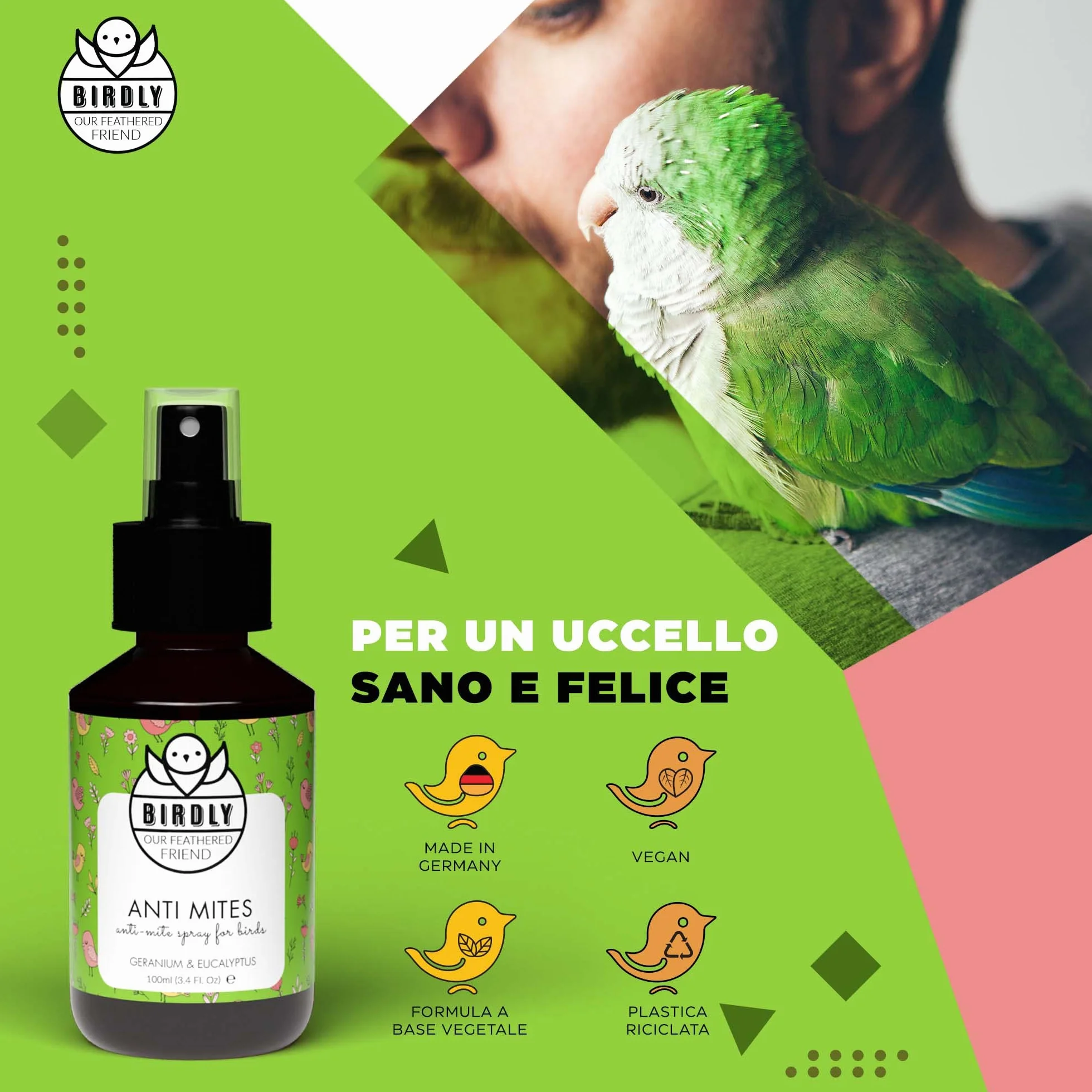 Birdly Spray Antiparassitario per Galline e Uccelli - Repellente Anti Acari con Vitamina E, 100ml