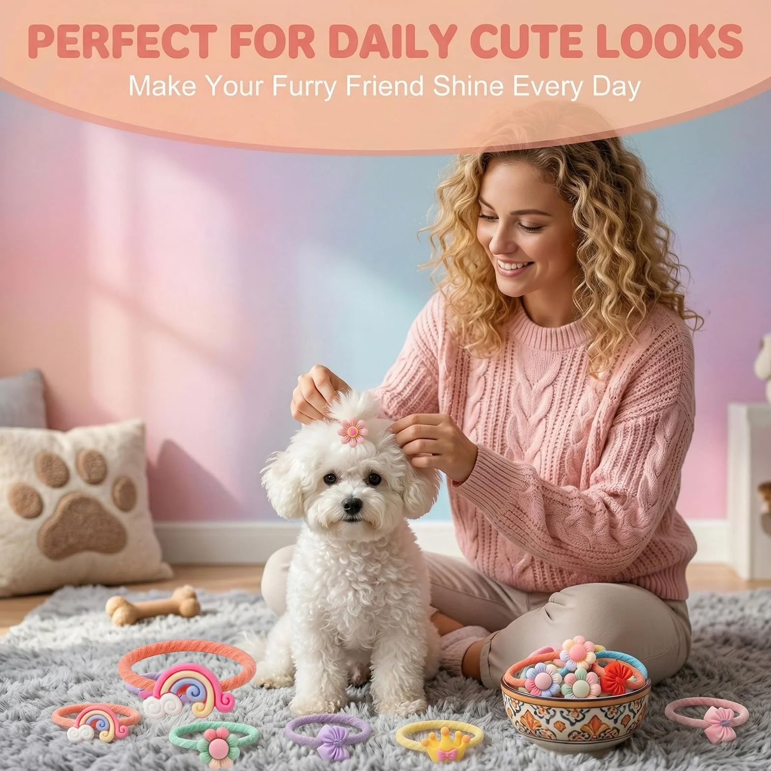 30 Pezzi Accessori per Animali Domestici, Fiocchi per Cani & Elastici per Cani, Papillon Cane con Corona Arcobaleno e Fiori per Cani Piccoli e Gatti