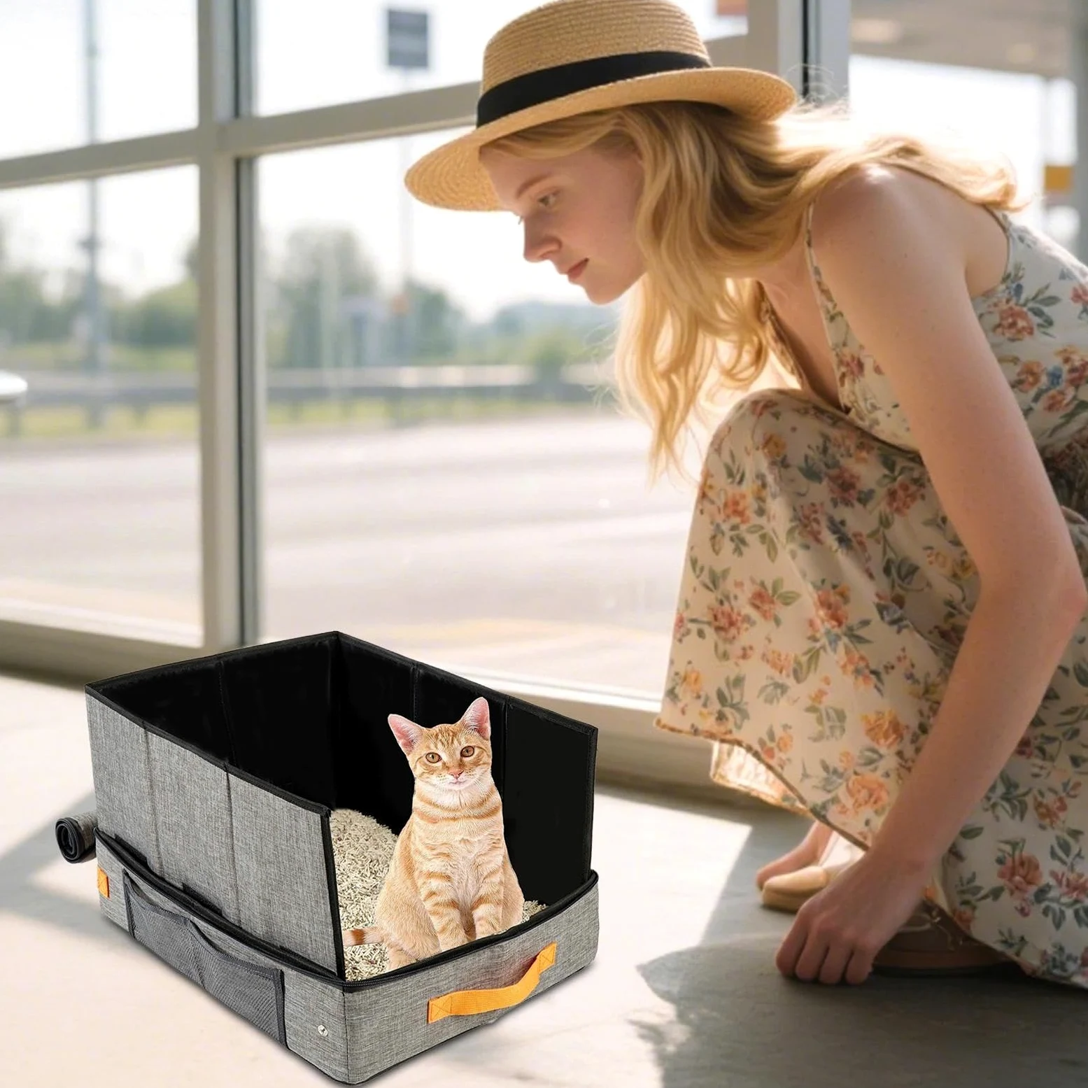 Lettiera Da Viaggio Trasportino portatile, vassoio igienico, addestramento | Lettiera per gatti pieghevole con coperchio Fondo Rigido Per Auto, Hotel, Aereo, Esterno, Viaggio, Angolo, Campeggio