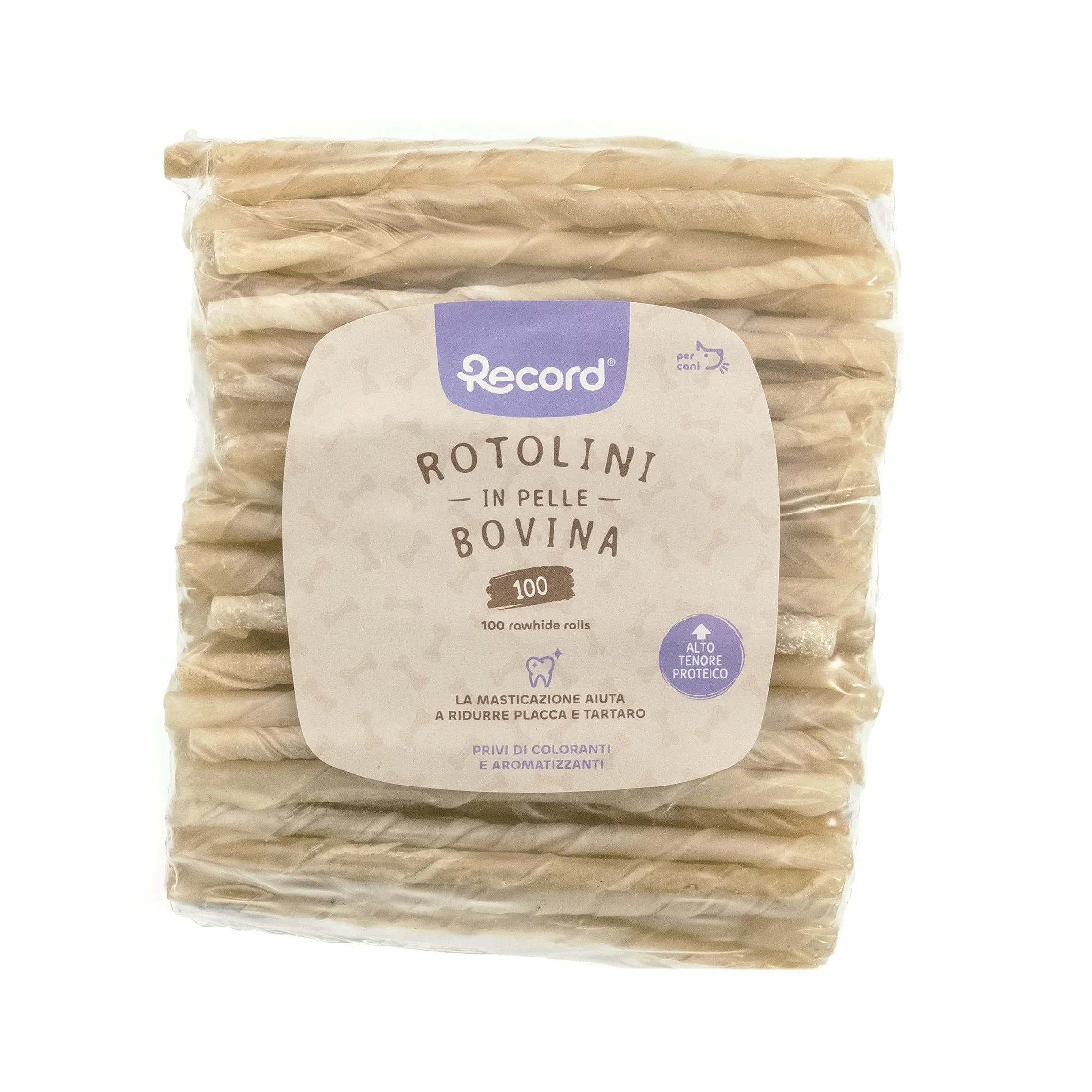Record 100 bastoncini per cani fini. Rotolini per Cani in Pelle Bovina. Masticativi per Cani, Confezione da 100pz in plastica termoretratta. Lunghezza 13cm e 4g di peso cadauno cani di taglia piccola.