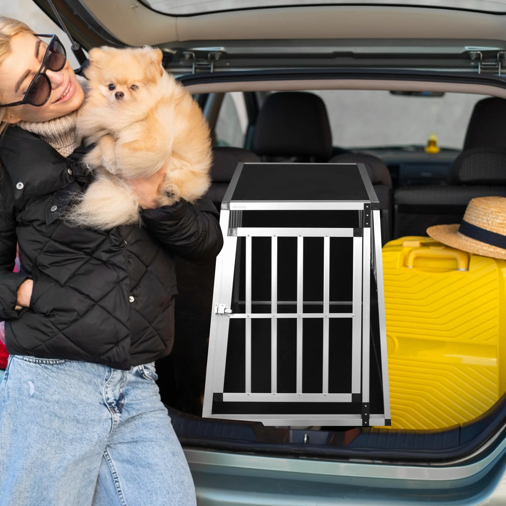 Defacto Trasportino per cani in alluminio, con chiusura a chiave, in alluminio, per il trasporto di animali (argento, XL) 91 x 65 x 69 cm)