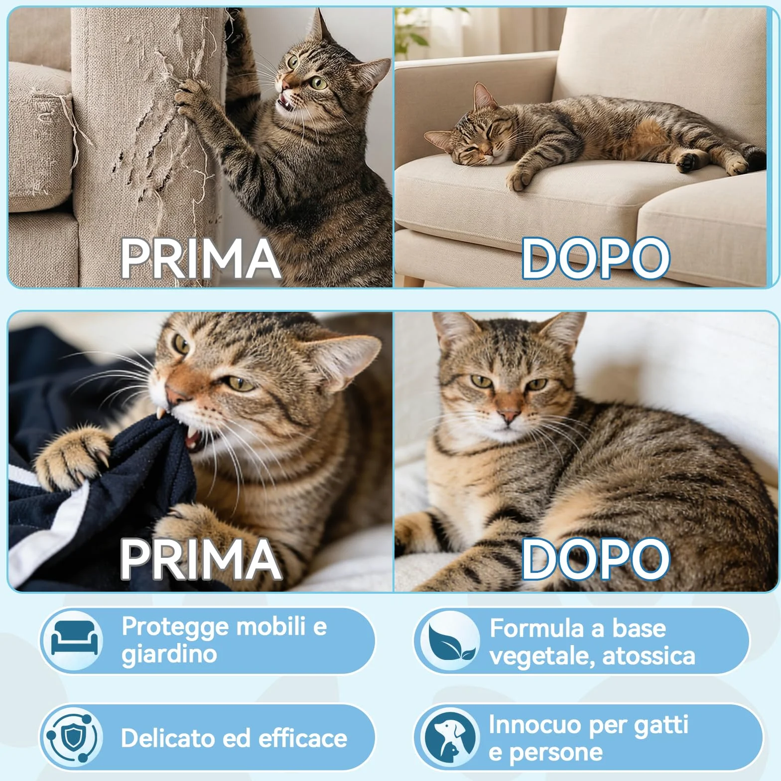 Spray Repellente per Gatti – Repellente per Gatti & Dissuasore per Gatti Naturale – Efficace Disabituante Gatti per Interni ed Esterni – Spray che Allontana Gatti e Protegge Mobili, Giardino e Divani