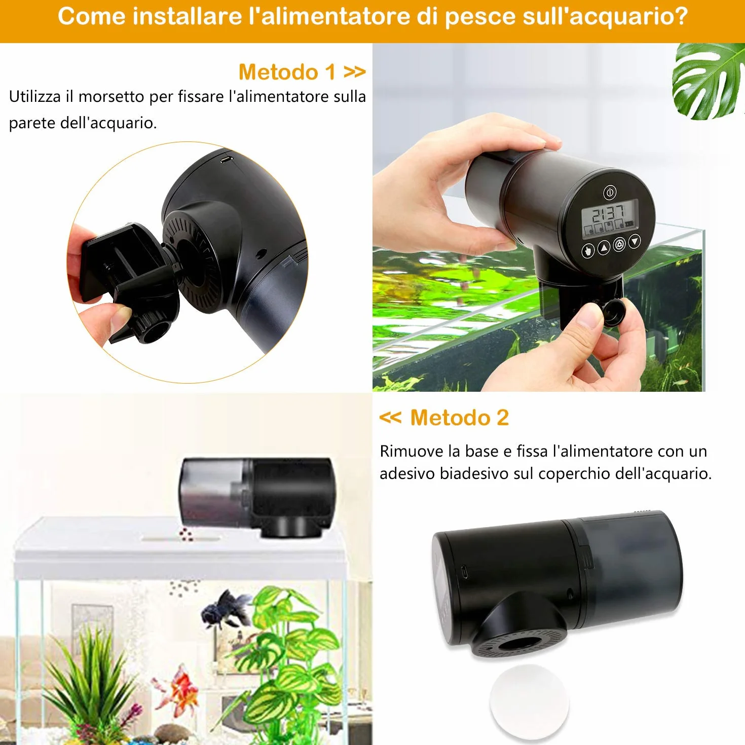 Mangiatoia Automatica per Acquario, Distributori di Cibo per Pesci Tartarughe con Display LCD, capacità di Serbatoio 200mL , Impostazione del Tempo di Mangime