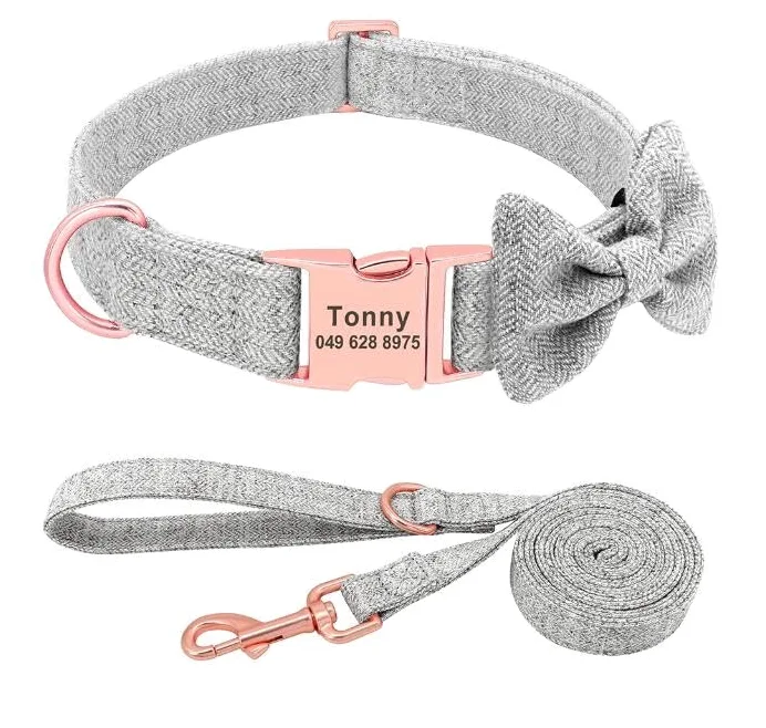 Set Collare Per Cane Personalizzato Morbido Con Fiocco Con Nome Personalizzato Inciso Collare Per Cane In Nylon Stampa Guinzaglio Per Cani Di Taglia Piccola,Media E Grande,Grigio,l
