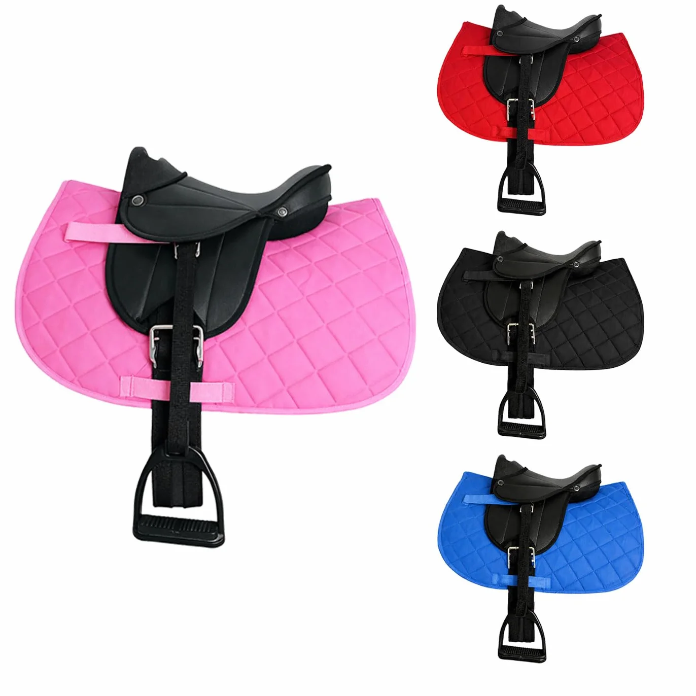 Brama West Set di sella per cavalli in legno "My Happy Pony", sella per Shetty Pony, cavallo in legno, con copertura per sella, cinghia per sella, staffe e staffe, bicolore rosa, coperta/sella nera