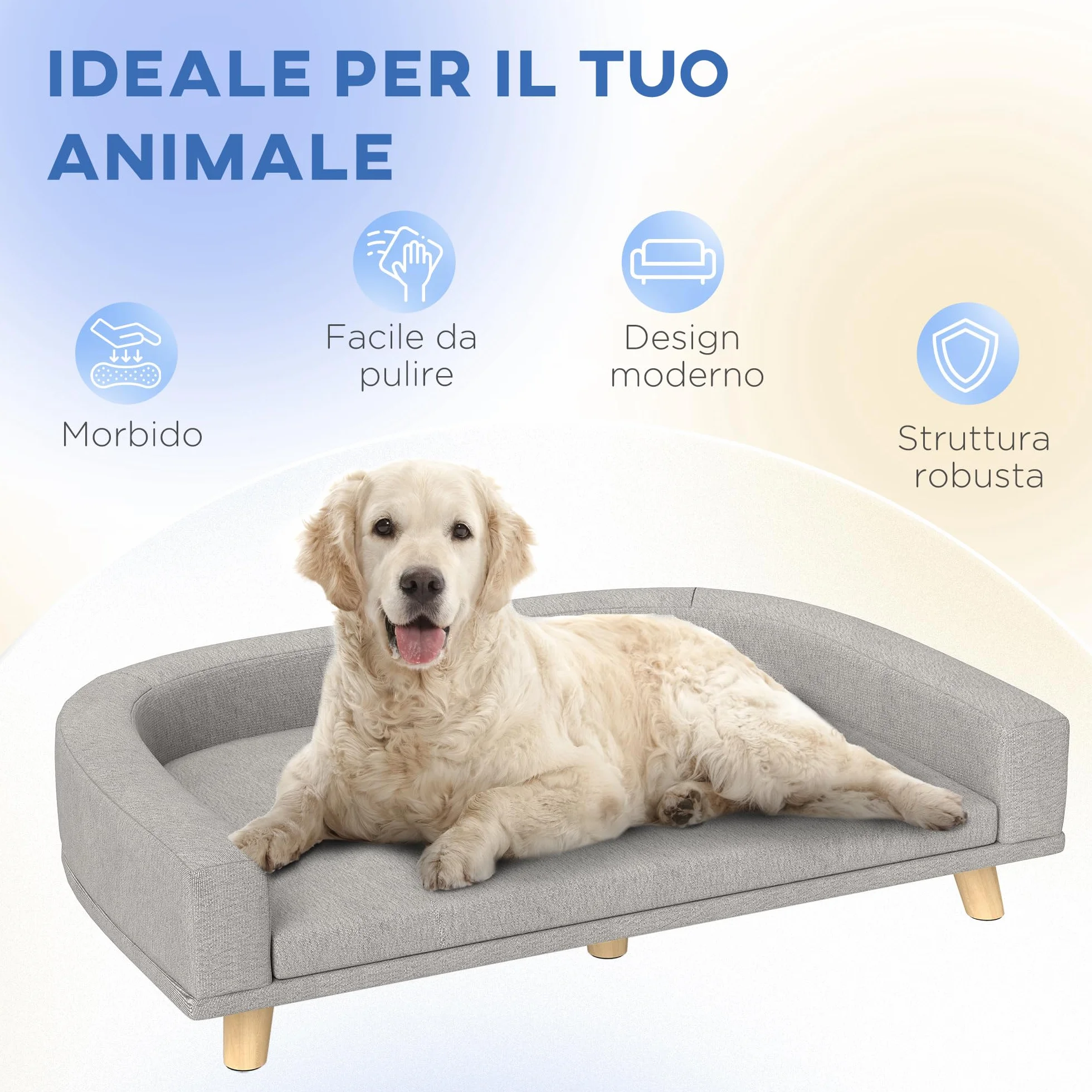 PawHut Divano per Cani di Taglia Grande con Gambe Rialzate e Cuscino Sfoderabile, Divanetto per Cani in Poliestere e Legno, 98x67x25 cm, Grigio