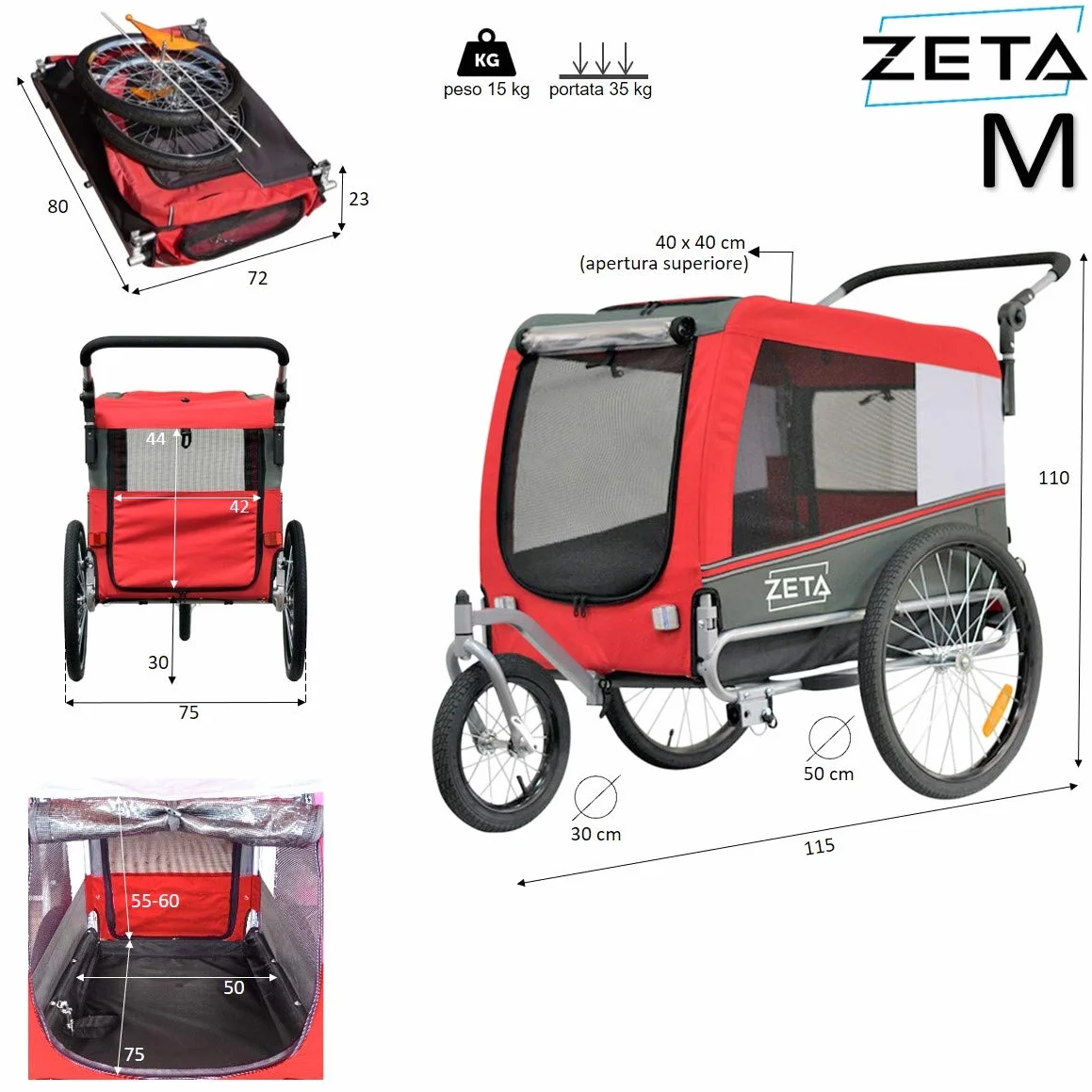 PAPILIOSHOP ZETA: Rimorchio Multifunzionale per Bici, Carrello Passeggino per Trasporto di Cani e Animali, Ideale per Avventure all'Aria Aperta