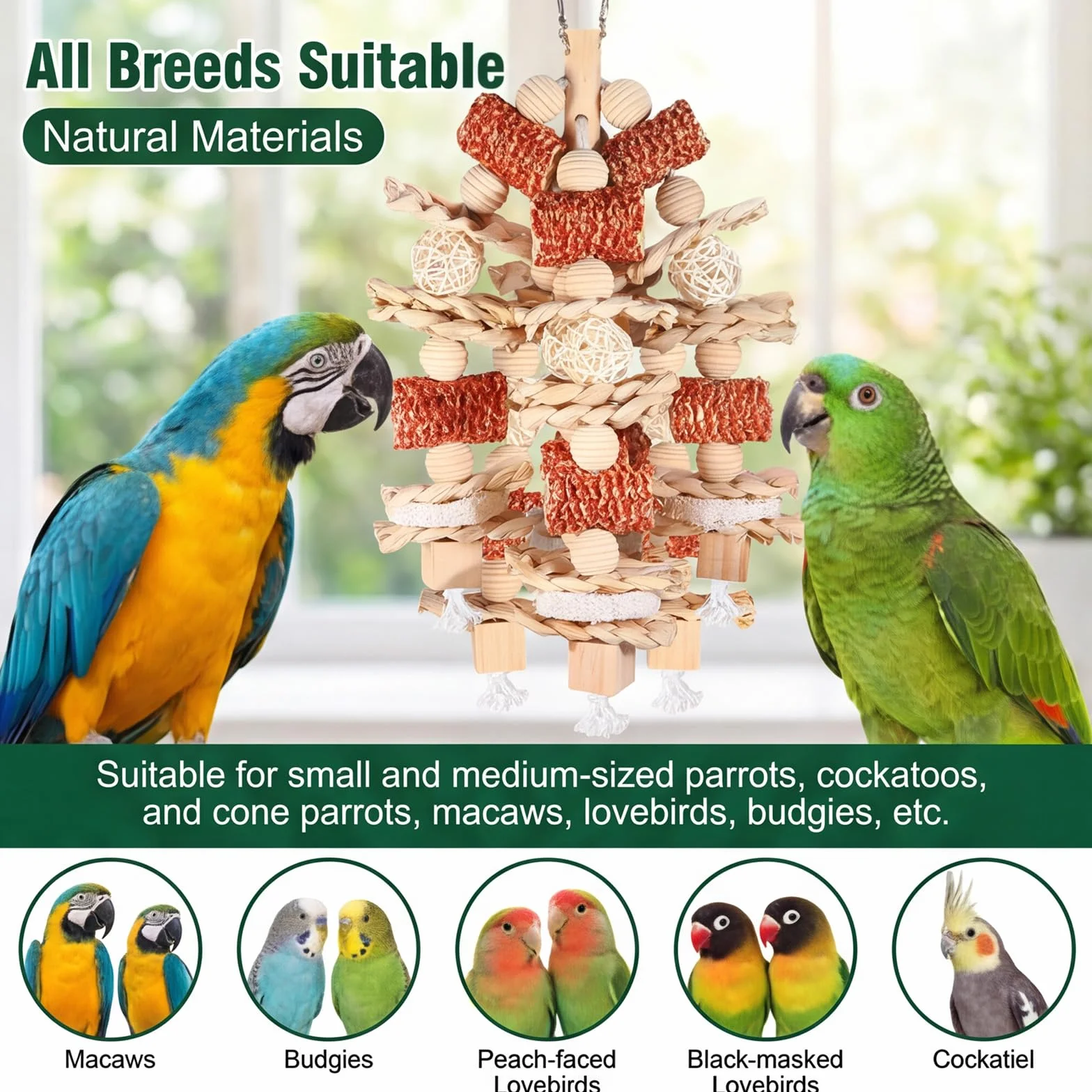 Giochi per Pappagalli in Legno Naturale da Masticare con Blocchi Appesi per Small Medium Parrocchetti Lovebirds