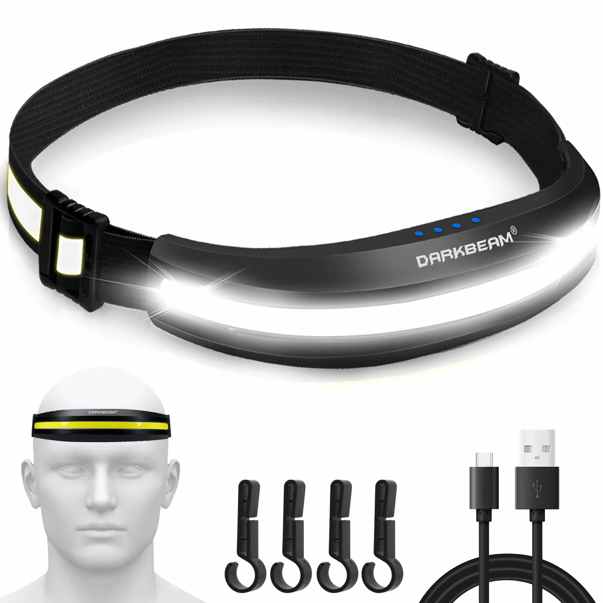 DARKBEAM Torcia Frontale LED USB-C Ricaricabile COB 230° Luce Rossa per Campeggio Corsa Pesca