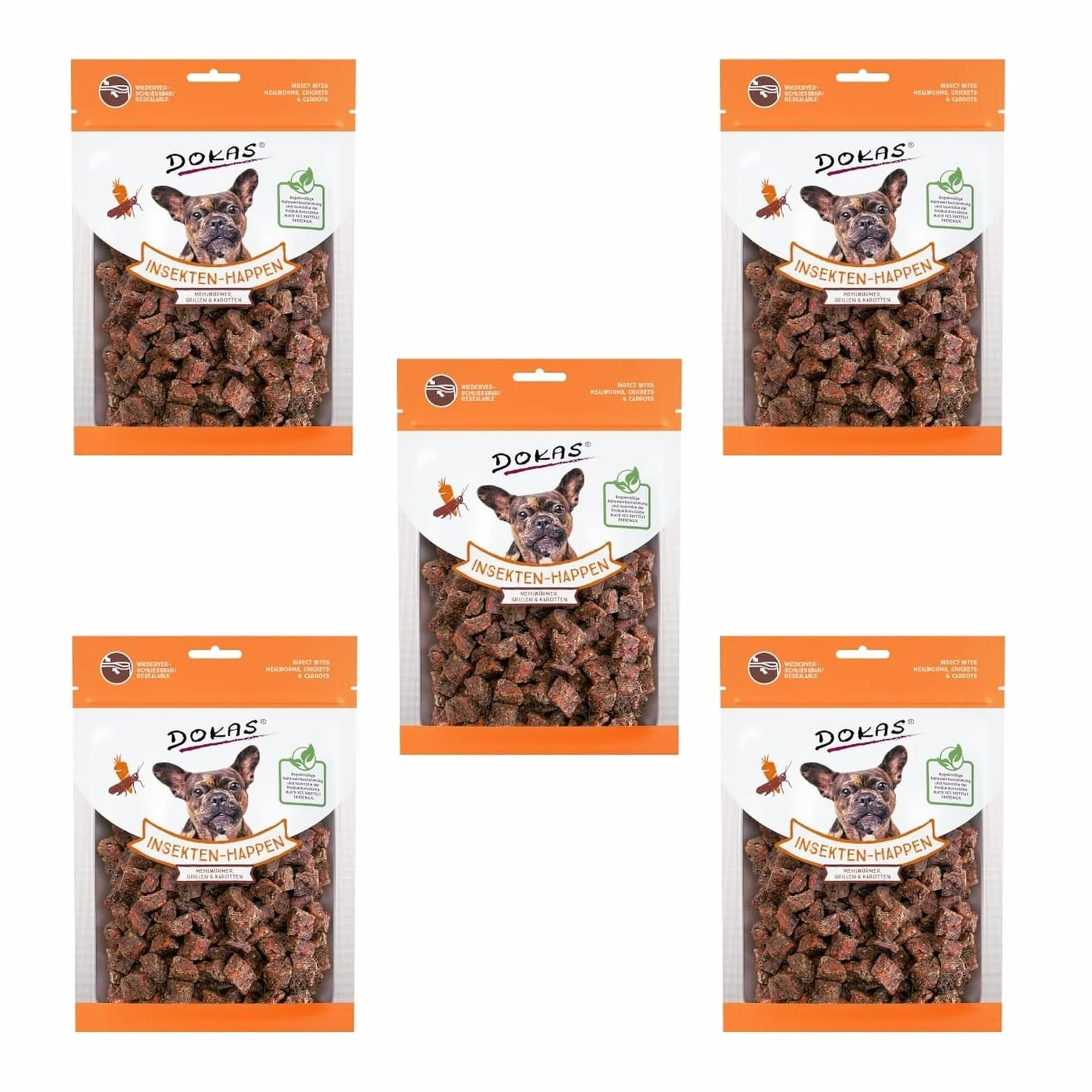 Dokas Dog Bocconcini di Insetti con larve di tarme, grilli e carote | Confezione da 5 | 5 x 100 g | Snack per cani come ricompensa tra i pasti abituali | Proteiche alternative