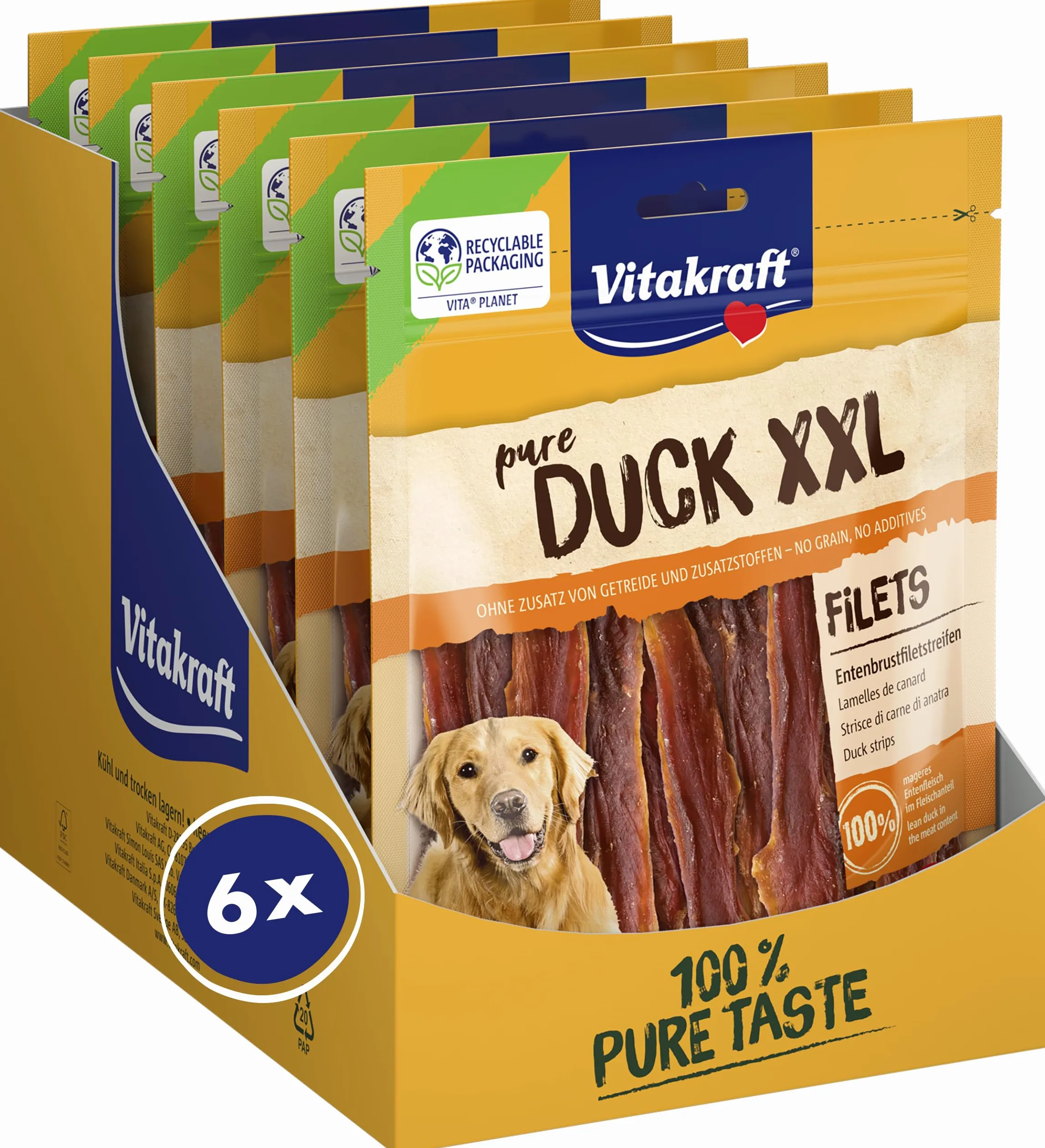 Vitakraft Pure Duck XXL, snack cane, strisce di filetto di petto d’anatra, snack per l’addestramento del cane, senza zuccheri aggiunti (6x 250g)
