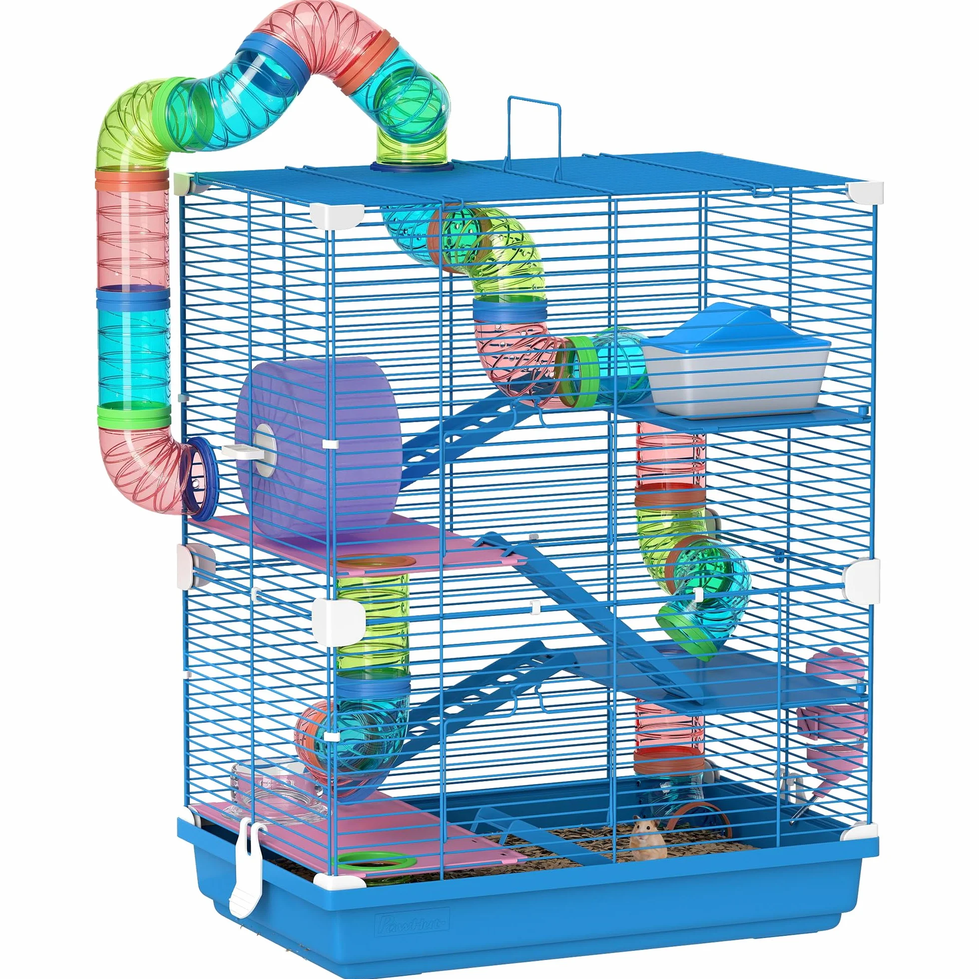 PawHut Gabbia per Criceti a 5 Livelli con Tubi, Ruota, Casetta, Scale e Bottiglia, Gabbietta per Roditori in Metallo e Plastica, 46x30x58 cm, Blu Scuro