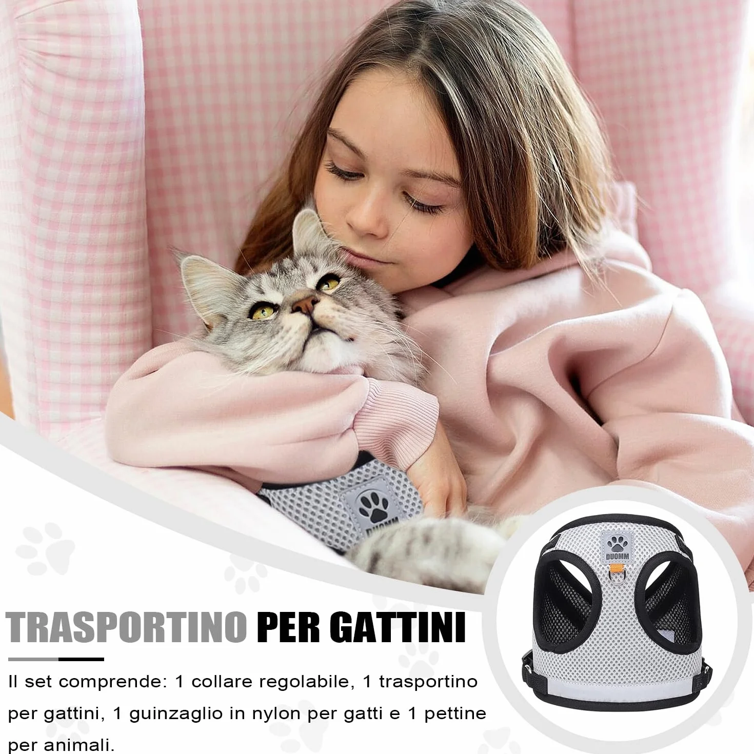 Pettorina e Guinzaglio per Cani, Pettorina Riflettente per Cuccioli, Set di imbracatura e guinzaglio per cuccioli, gatti e gattini (Grigio, S)