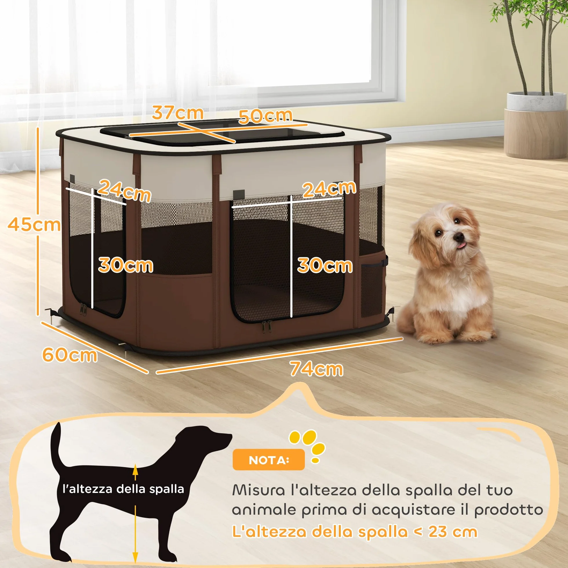 PawHut Box per Animali Domestici 6 Finestre 3 Porte 2 Borse Portaoggetti Recinto per Cani Tessuto Oxford Acciaio 74x60x45 cm Marrone