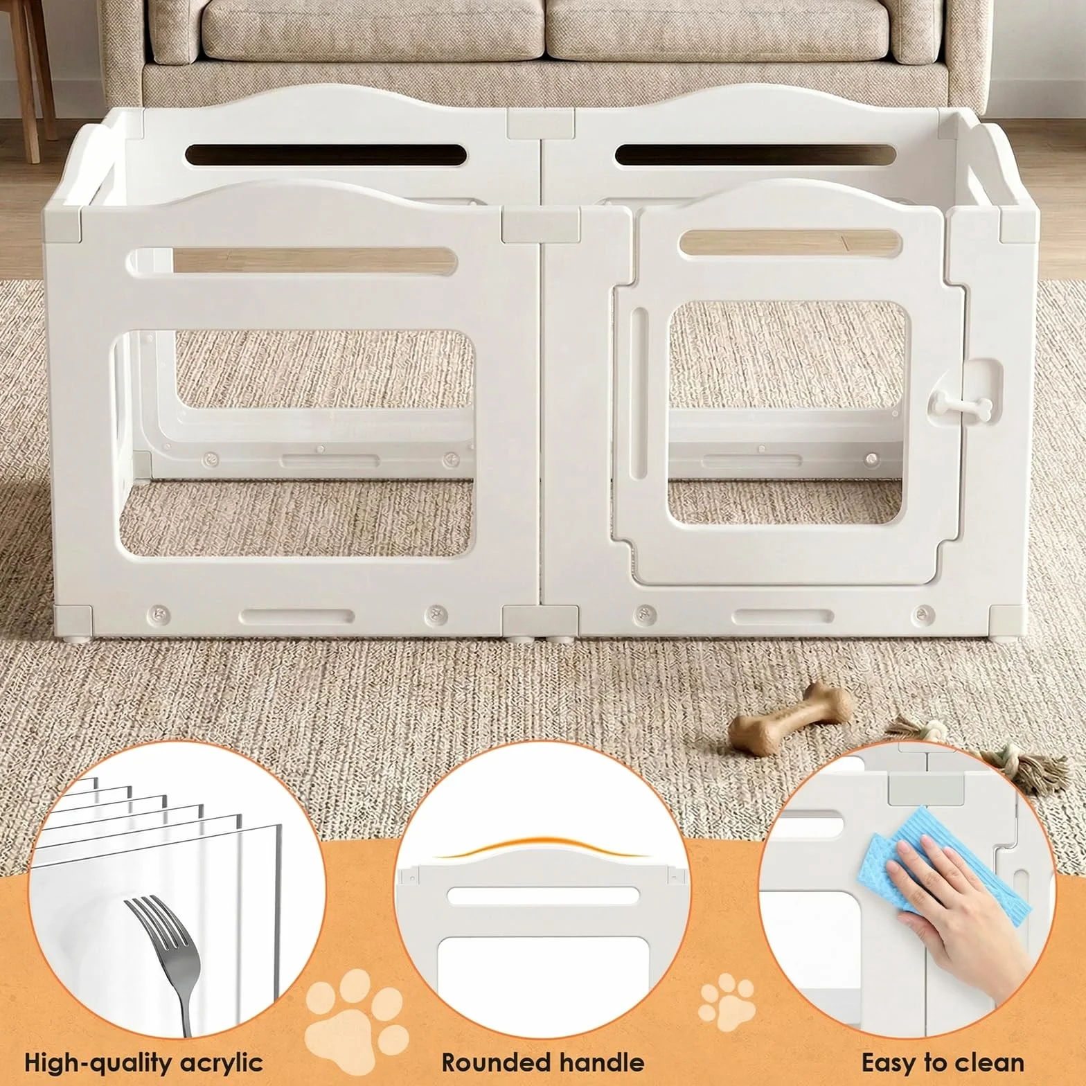 MAMIZO Recinto per Cani Acrilico 129 × 68 × 60 cm, Box per Cuccioli con Ventose, Box per il Parto Cani con Porta a Chiusura, 6PCS Pannelli Parco per Cani adatto Appartamento, Bianco