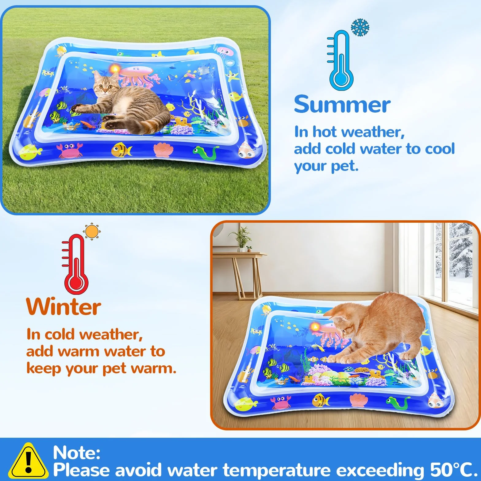 Tappeto Acqua Gatto, LED Tappeto Ad Acqua per Gatti, Tappetino Gonfiabile per Animali, Tappetino Sensoriale Ad Acquas per Gatti, Adatto per Uso Interno ed Esterno in Estate