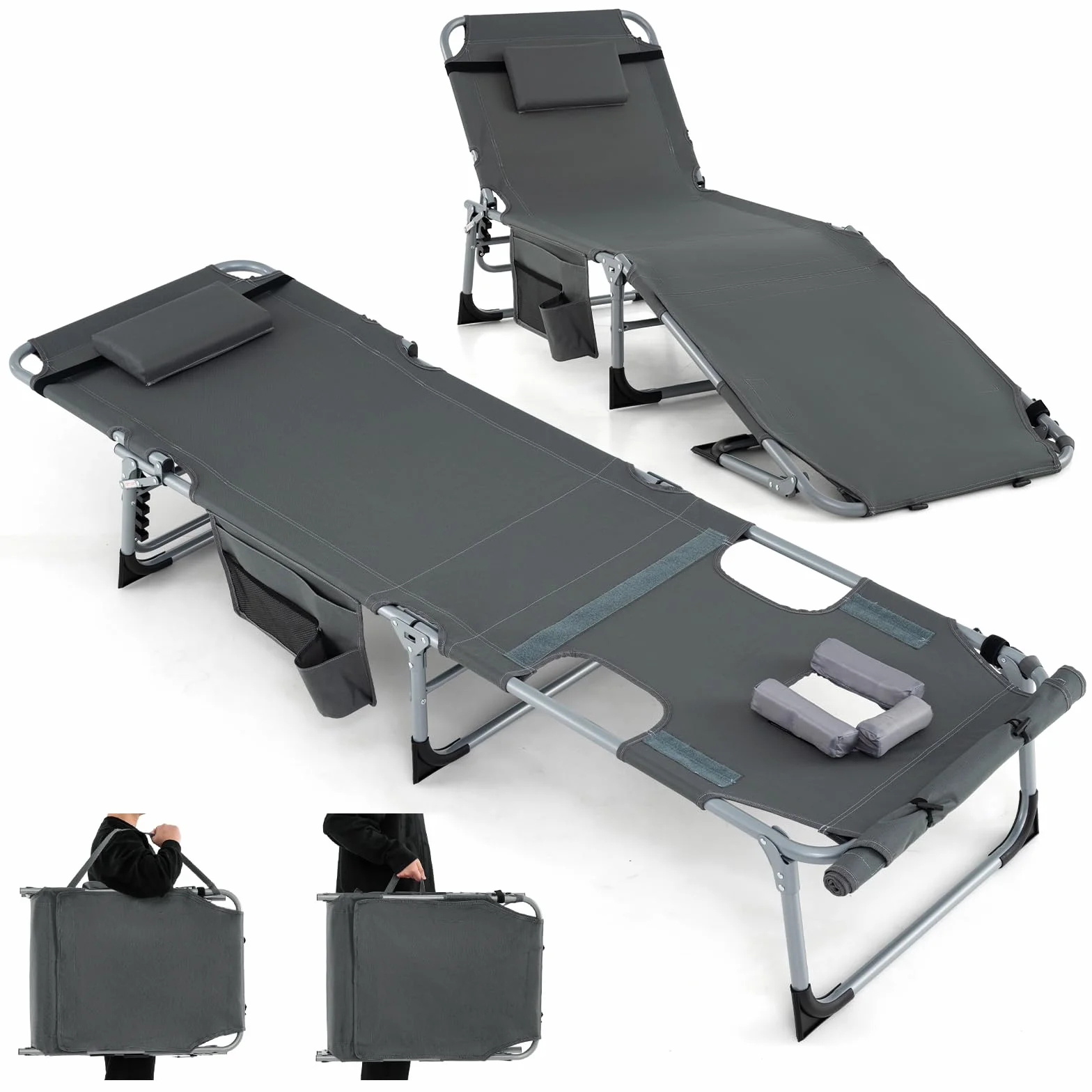COSTWAY Lettino Prendisole Pieghevole Portatile, Lettino da Spiaggia con Fori per Viso e Braccia, Cuscino Poggiatesta e Tasca, Schienale Regolabile, per Mare e Piscina, Portata 180 kg (Grigio Scuro)
