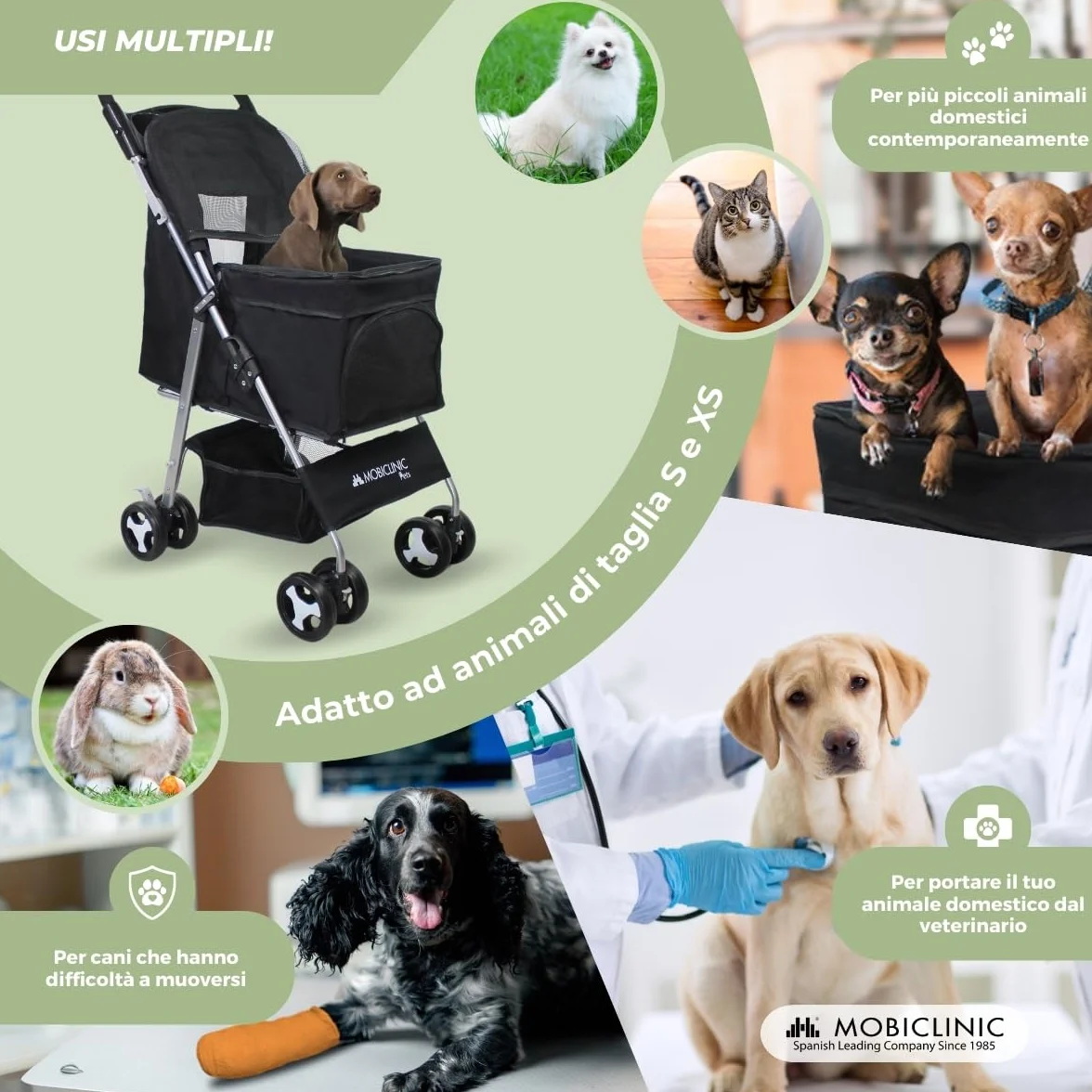 Mobiclinic Zuma Passeggino per cani fino a 15 kg Ruote con freni 360° Cestino xxl (nero)