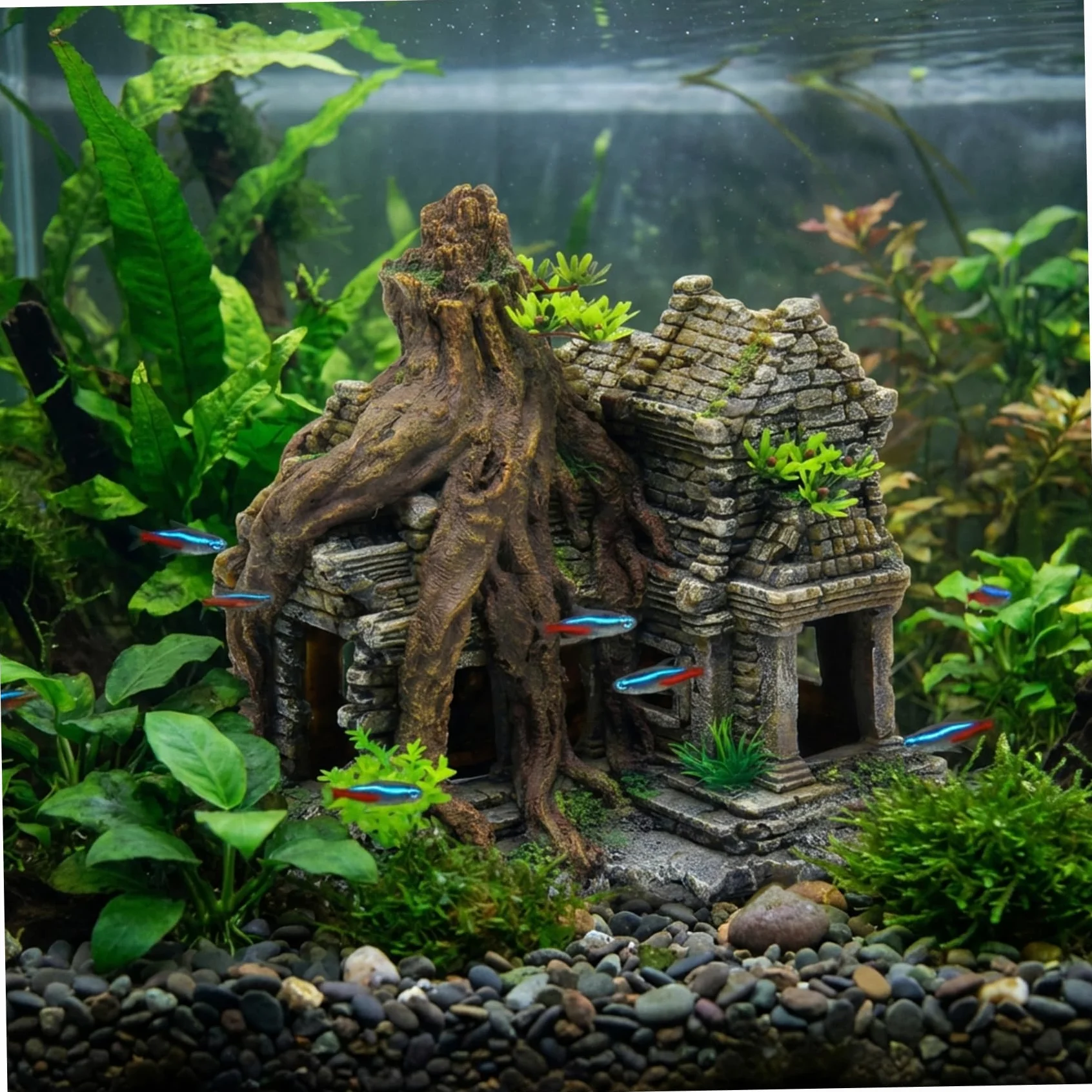 Realistico Castello ad arbusto per Acquario con Grotta – Grandi Decorazioni per Acquario, Ornamento in Resina Dipinto a Mano per Pesci Betta e gamberetti Che nascondono e Giocano