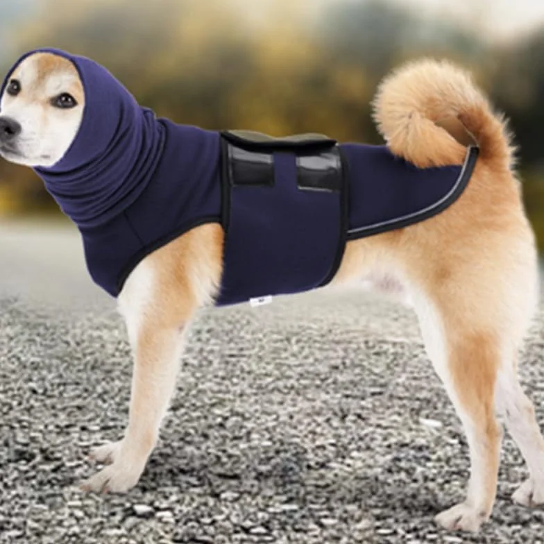 Giacca ansiolitica per cani XXL con strisce riflessive e cuffia antirumore