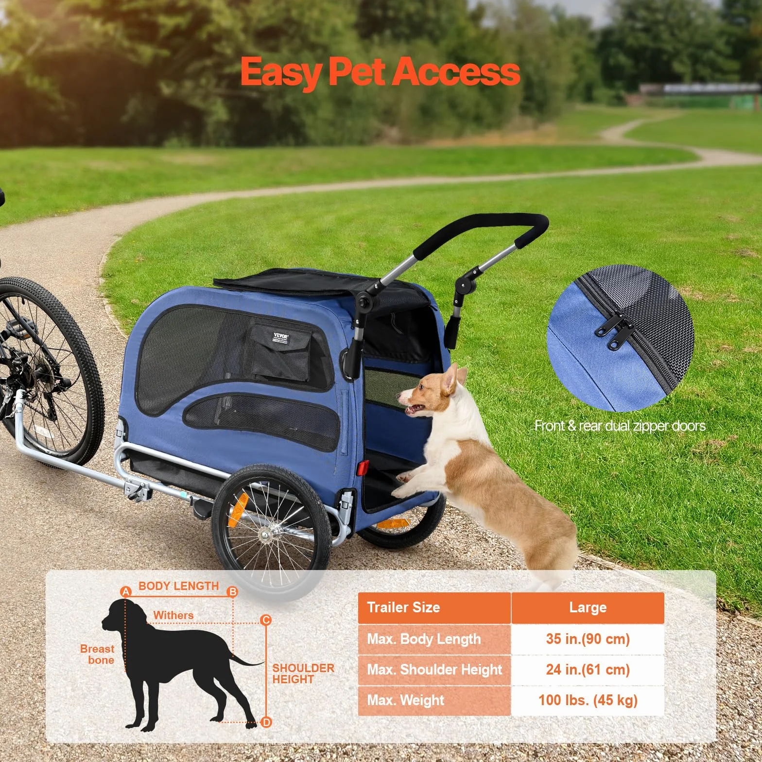 VEVOR Rimorchio Bici per Cani Pieghevole Portata max. 45kg Passeggino per Animali Domestici con Ruote a Sgancio Rapido, Attacco Universale, Carrello per Bici Traino Rimorchio per Animali Nero/Blu