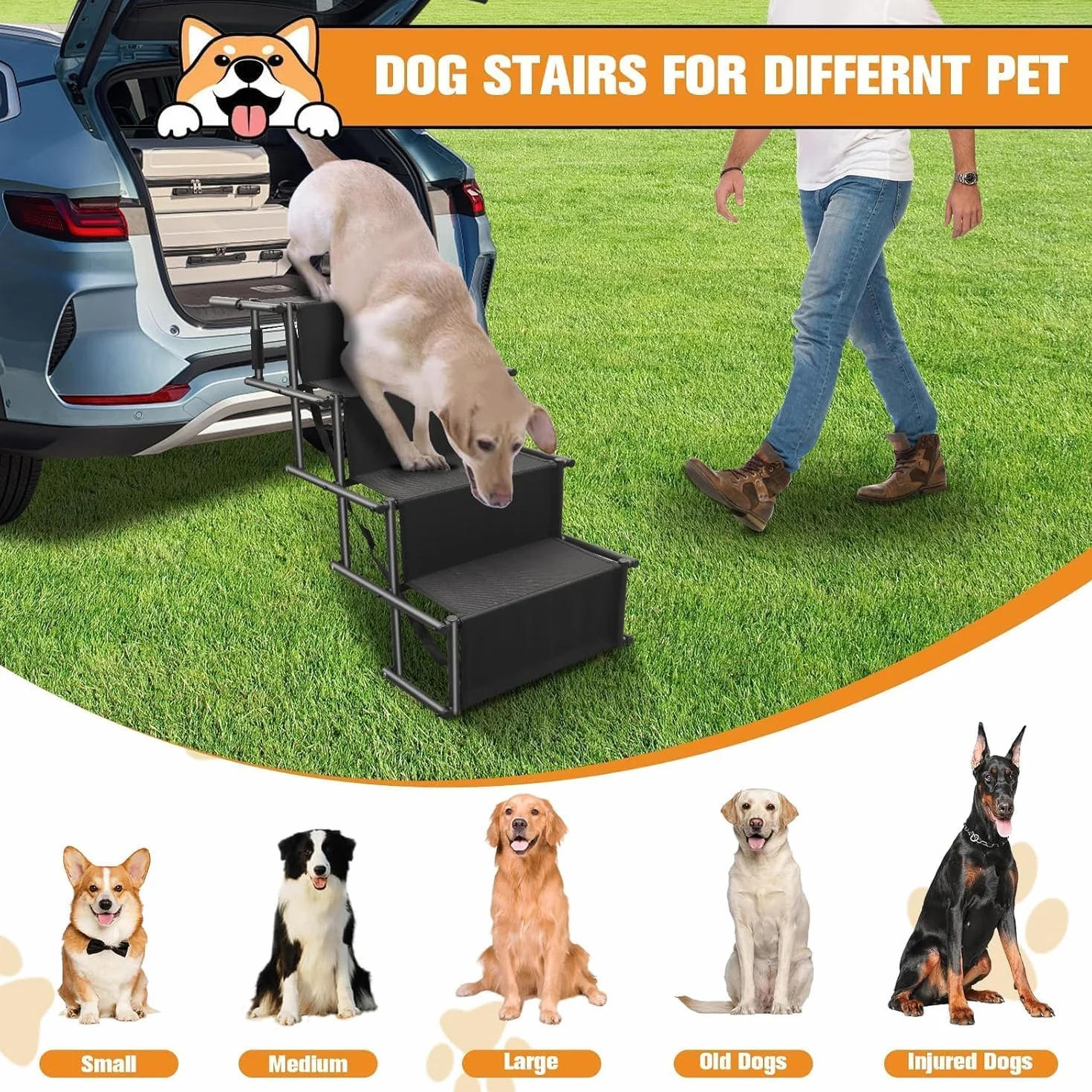 Rampa per Cani Pieghevole 4 Gradini Fino a 80kg Antiscivolo per Auto Grandi Cani (nero, L)
