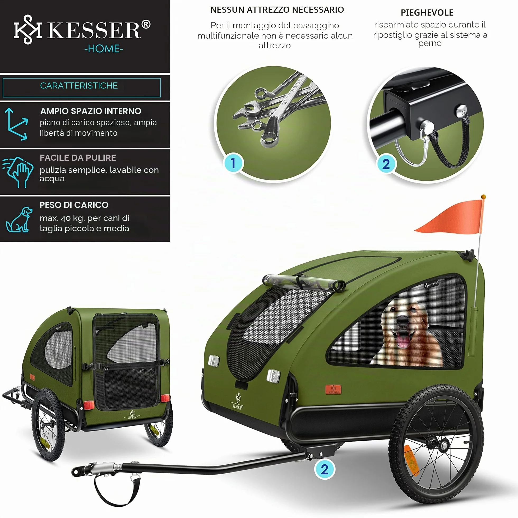 KESSER® Rimorchio per Cani 2in1, Carrello per Bicicletta, 250L circa di Volume, incl. Bandierina e Borsa, Pieghevole, SmartSpace Concept, Massima Capacità di Carico - 45 kg
