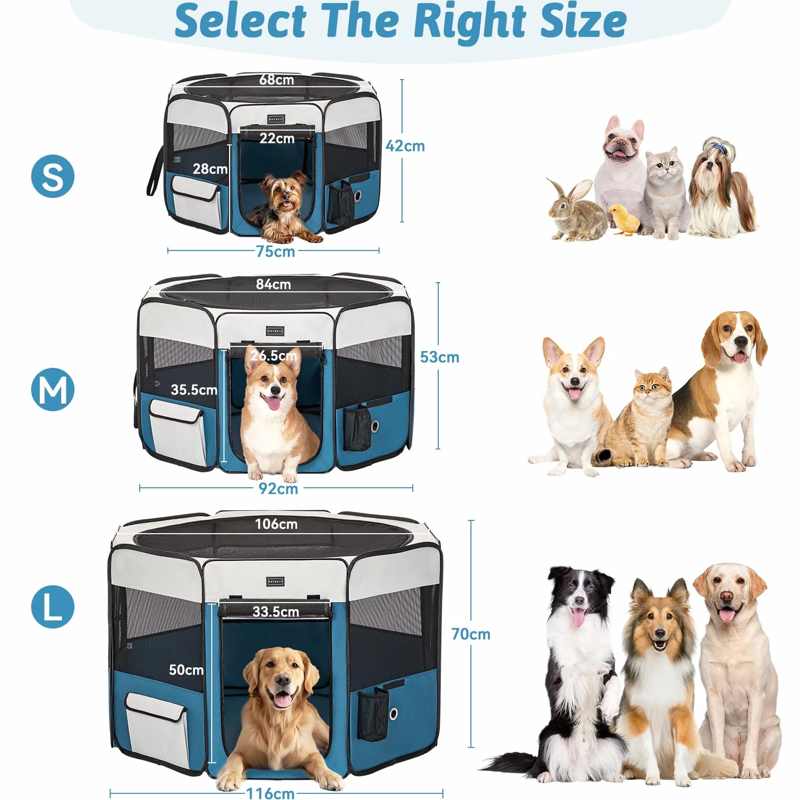 PETSFIT Recinto per Gatti Pieghevole e Portatile, Pavimento impermeabile in Tessuto, Grigio e Blu, 75x68x42CM