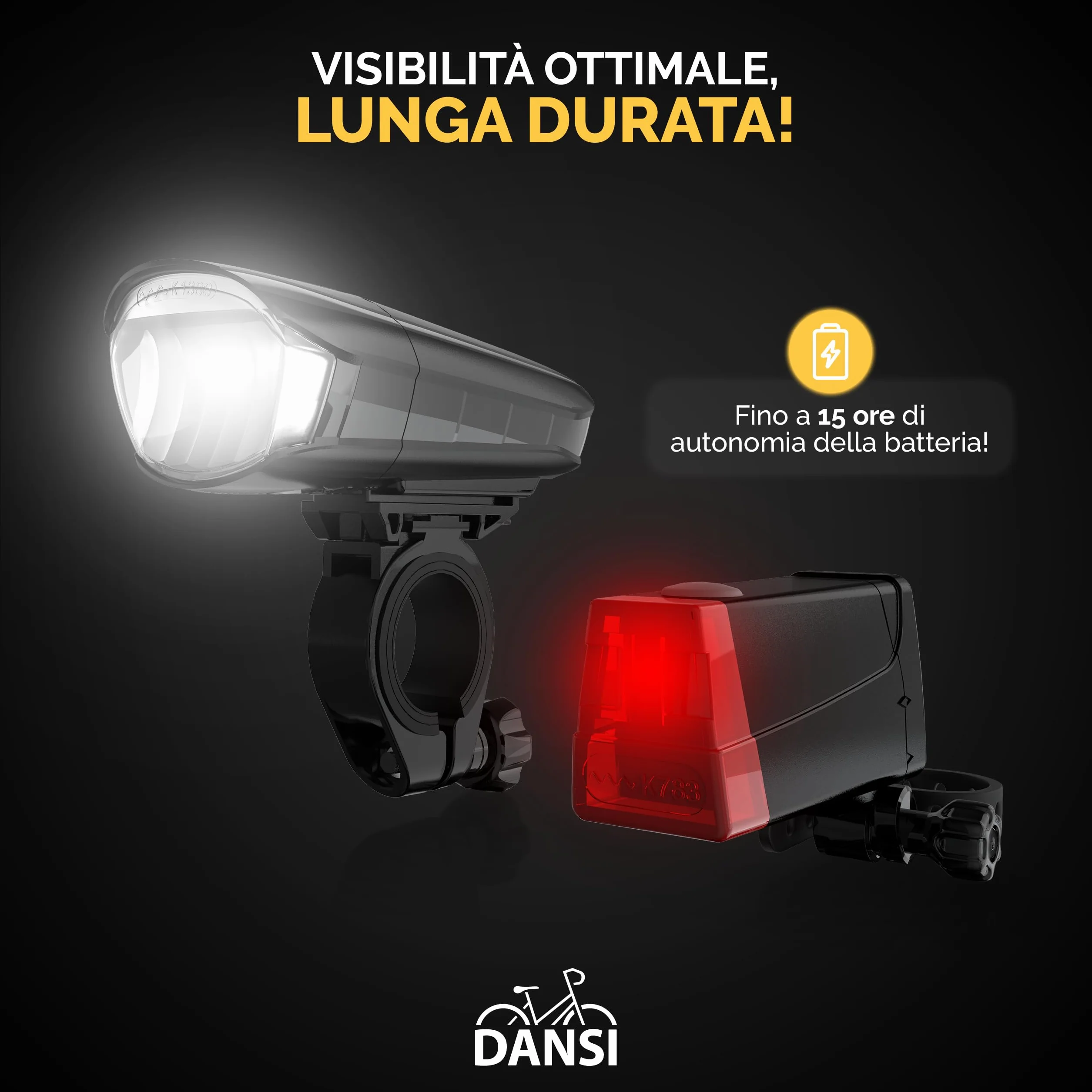 DANSI LED Light Set - Illuminazione per biciclette omologata StVZO con 60, 30 e 15 Lux | Illuminazione per biciclette a LED anteriore + posteriore | Regolazione automatica dell'illuminazione