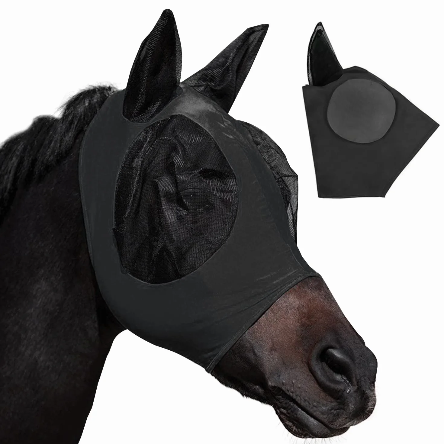 Maschera per cavalli con paraorecchie rete traspirante anti-UV mosca zanzare insetti elastica nero