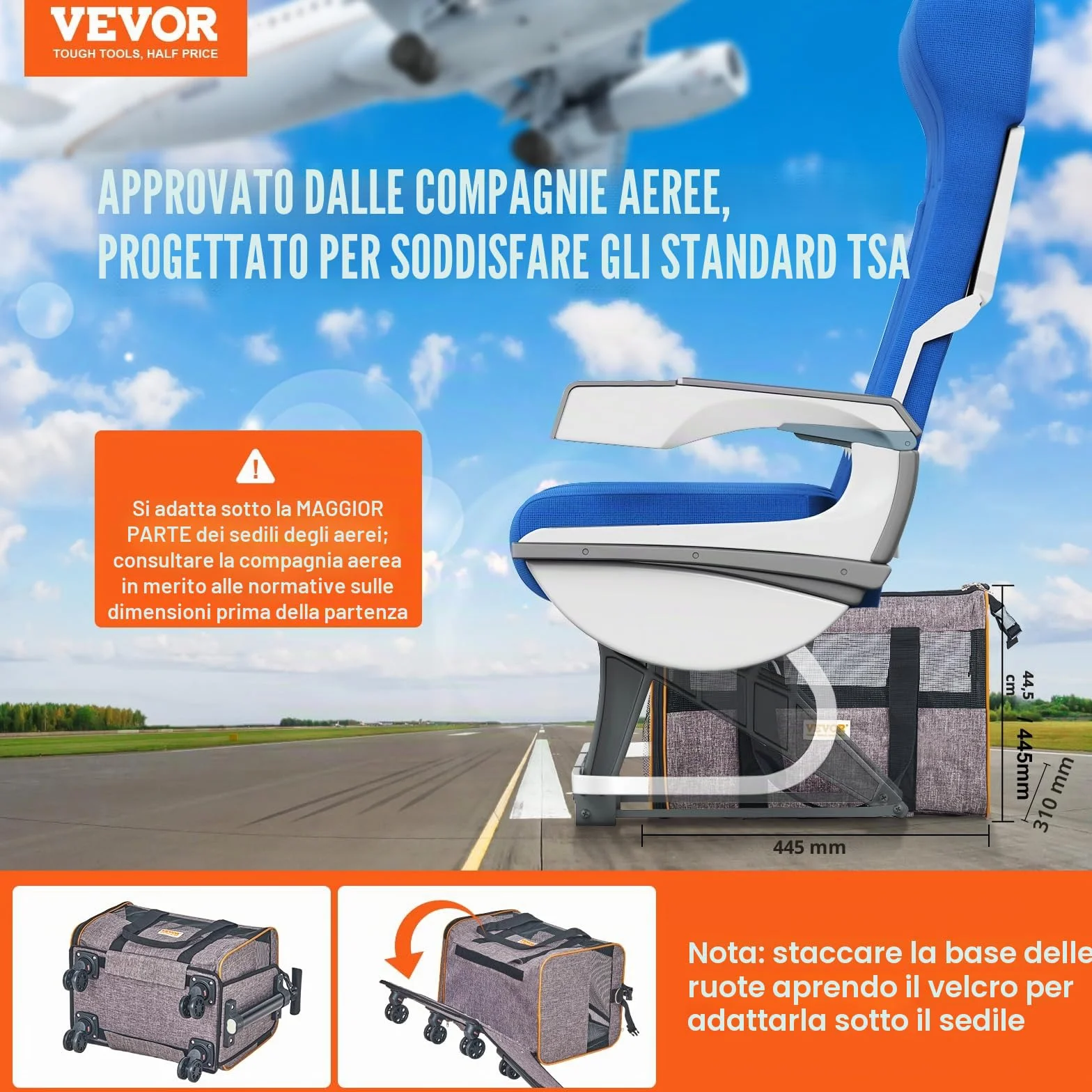 VEVOR Trasportino per Cani e Gatti con Maniglia Telescopica e Ruote, Carico Massimo 9,9 kg Borsa Porta Animali Domestici Approvato dalla Compagnia Aerea, Tessuto Oxford 600D Cerniera Autobloccante