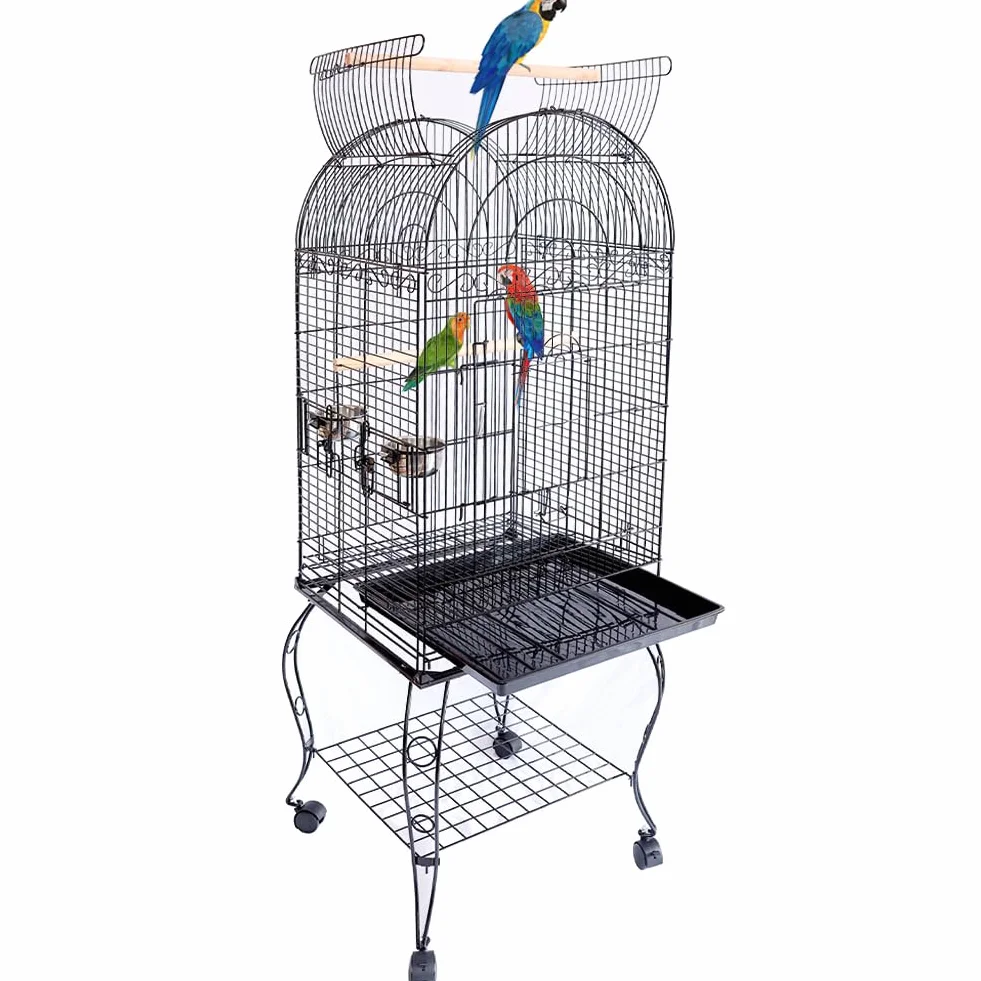 BAKAJI Gabbia Voliera per Uccelli, Pappagalli Inseparabili, Parrocchetti, Volatili con Carrello e Tetto Apribile in Metallo e Legno Nero Gabbietta con Posatoi e Ruote con Blocco, 59 x 59 x 150 cm