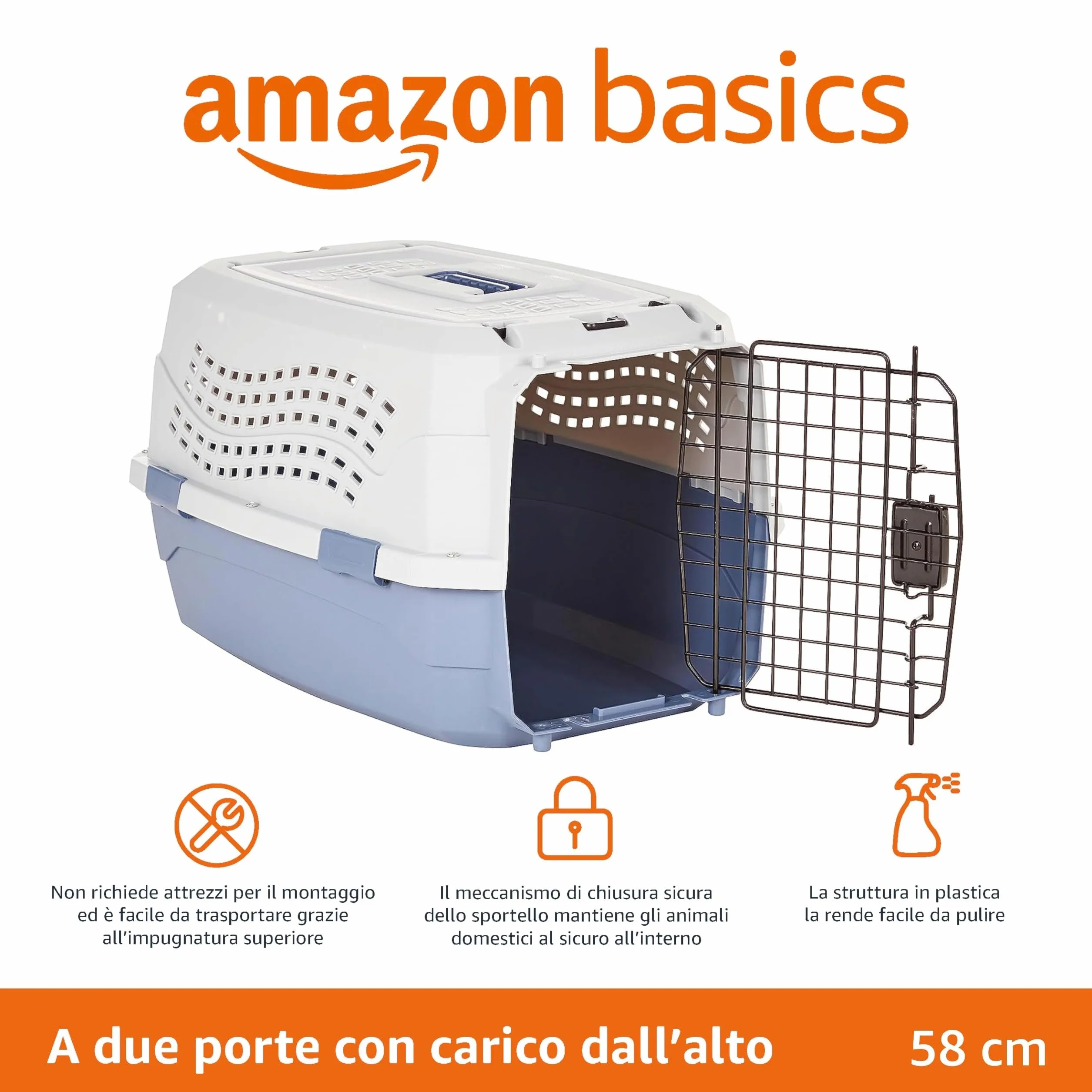 Amazon Basics Cuccia per Animali Domestici a Due Porte con Caricamento dall'alto da 23 Pollici L 58 x P 38 x H 33 cm, Cane Gatto, Blu