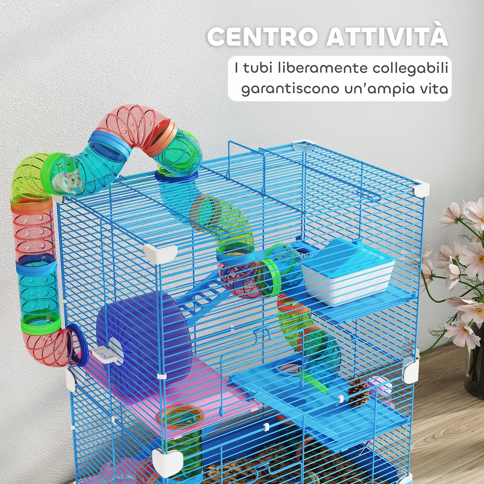 PawHut Gabbia per Criceti a 5 Livelli con Tubi, Ruota, Casetta, Scale e Bottiglia, Gabbietta per Roditori in Metallo e Plastica, 46x30x58 cm, Blu Scuro
