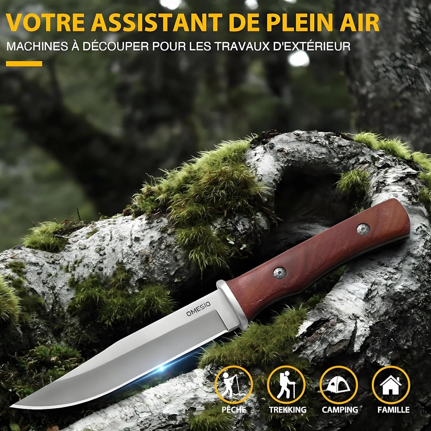 Omesio Coltello Da Sopravvivenza Outdoor Coltello Da Caccia Coltello Outdoor con Fodero in Pelle Coltello Da Giungla con Lama Affilata Robusto Per La Sopravvivenza e Il Campeggio Manico in Legno