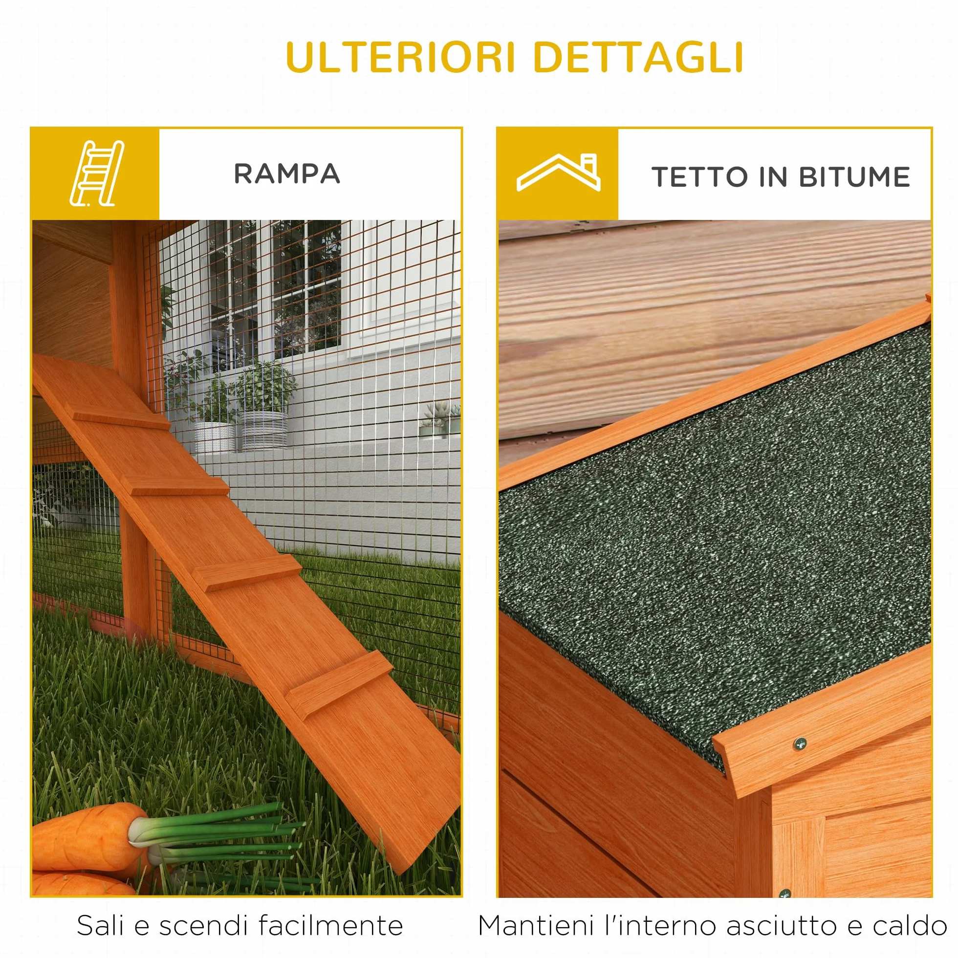 PawHut Conigliera a 2 Piani da Esterno, Gabbia per Animali Domestici in Legno di Abete e Filo di Metallo, 150x45x85 cm, Arancione