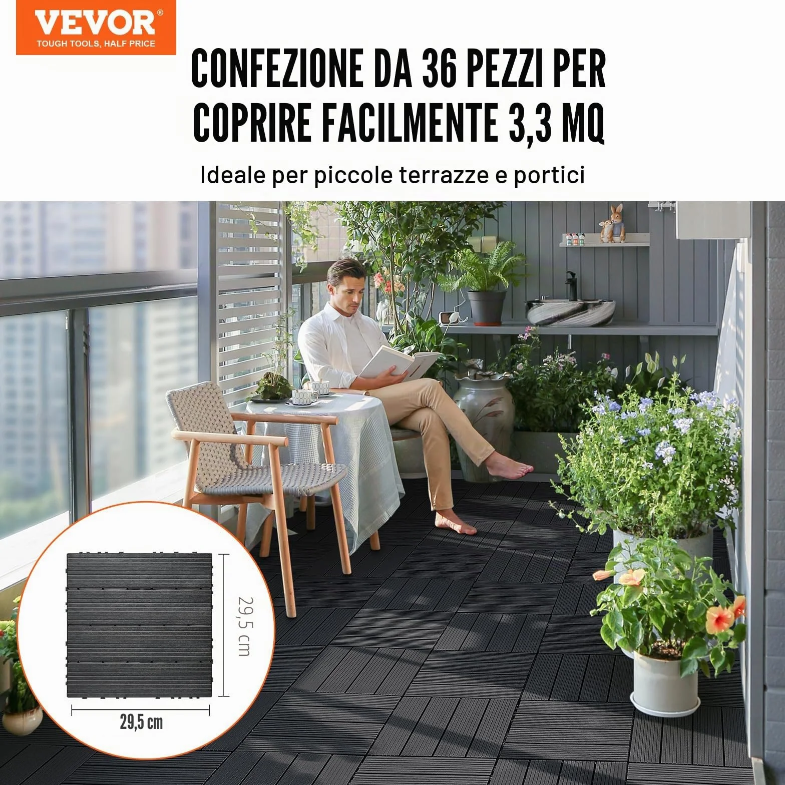 VEVOR Piastrelle per Patio ad Incastro 36 Pezzi 300 x 300 x 20 mm, Piastrelle Impermeabile in Plastica, Piastrelle per Tutte Le Condizioni Atmosferiche, per Portico Piscina Cortile, Grigio Scuro