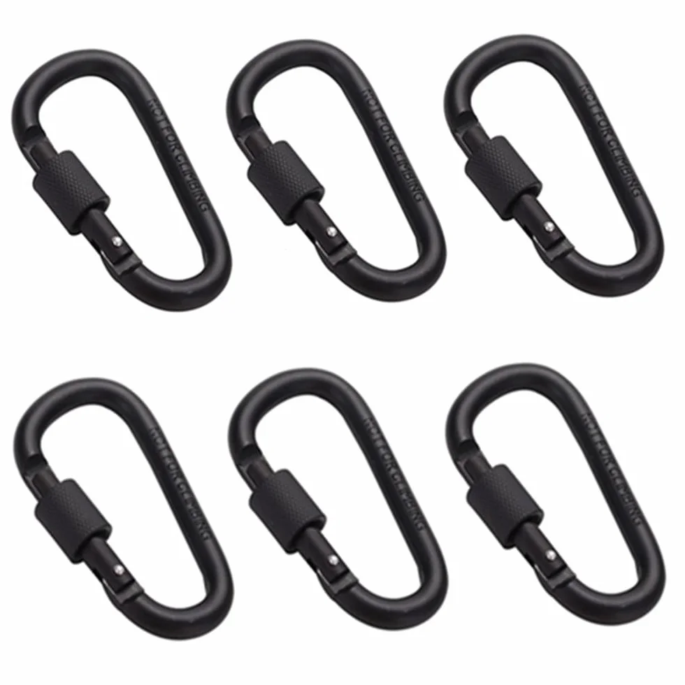 6 Pezzi Moschettone in lega di alluminio, Moschettone multifunzione, Moschettone con chiusura a vite, Nero, D Forma, 7.5x4 cm, Per attività all'aria aperta e viaggi