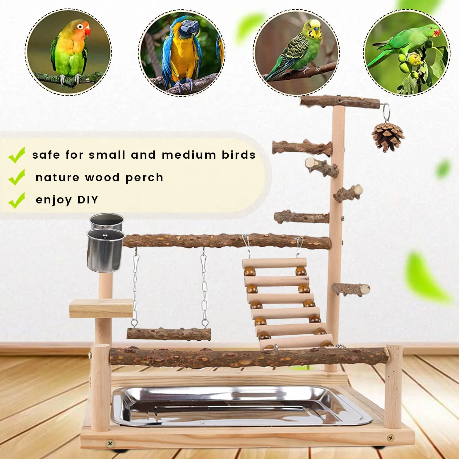 Parco Giochi per Pappagalli Palestra per Uccelli con Posatoi e Accessori Legno 45x37x26 CM
