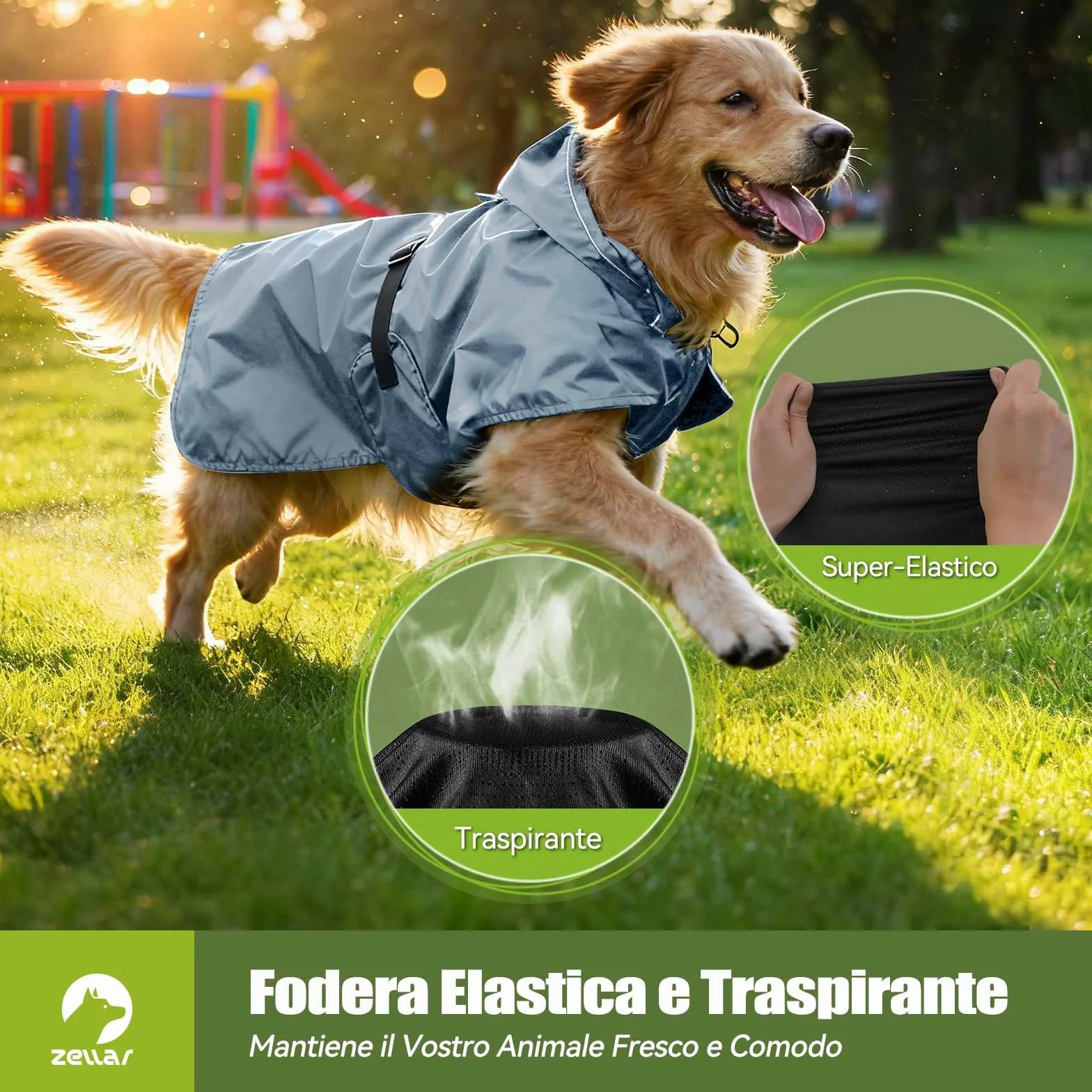 Zellar Impermeabile per Cani Regolabile, Leggero con Buco per Collare e Strisce Riflettenti, Vestibilità Facile, Traspirante Cappotto Pioggia Cane Taglie Media e Grandea (XL, Grigio)