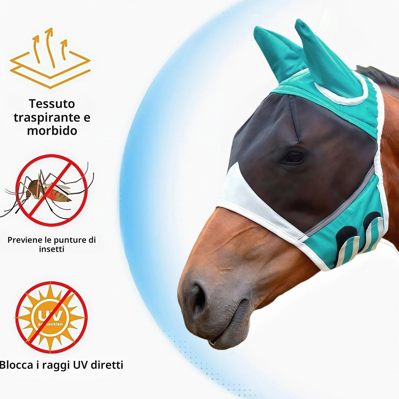 Maschera antimosche per cavalli traspirante elastica con orecchie (M)