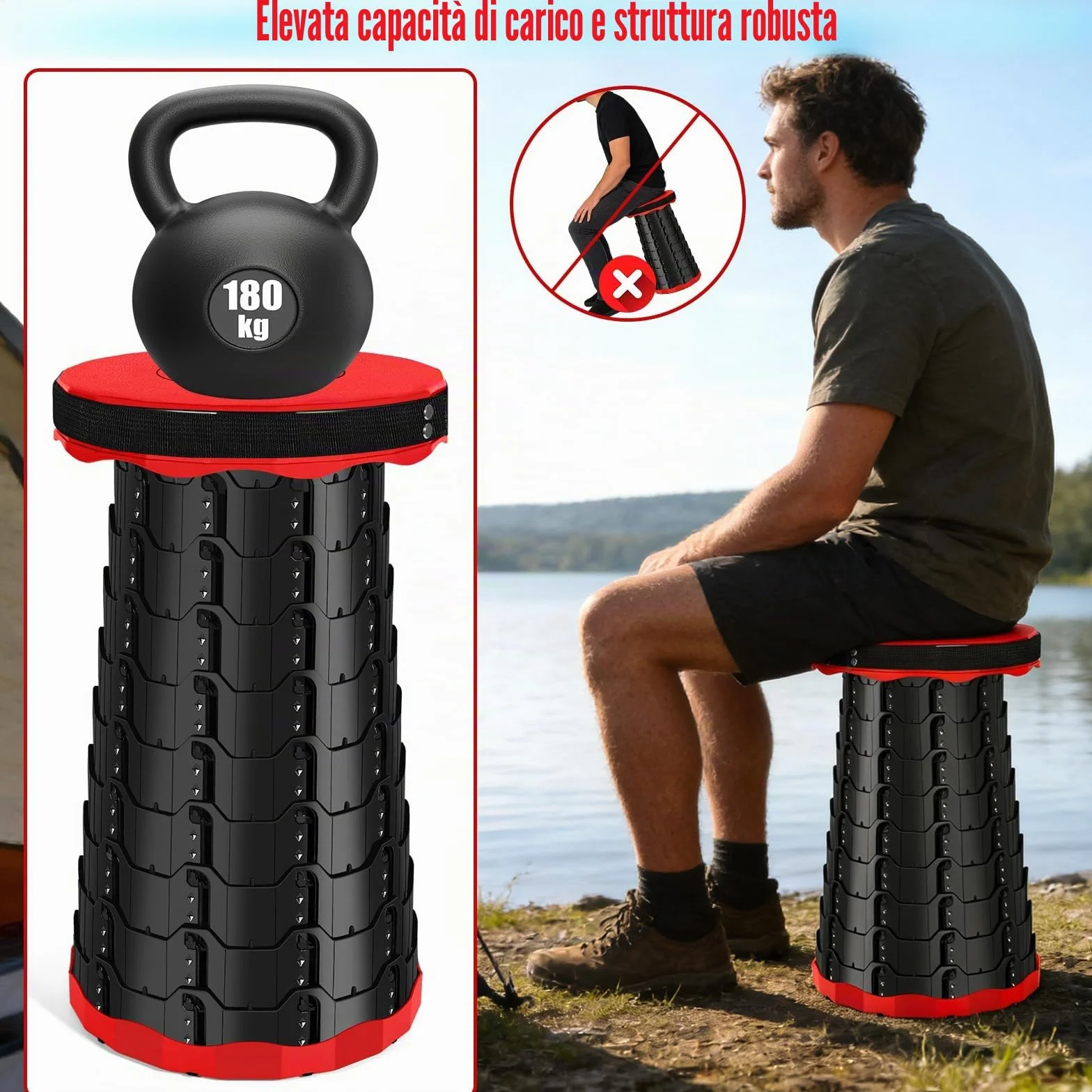 Sgabello Pieghevole Portatile Telescopico da Campeggio Altezza Regolabile 180 kg Rosso