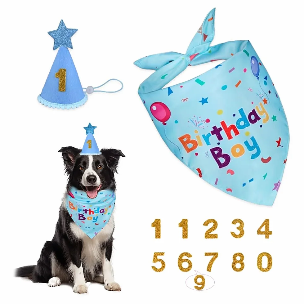 Compleanno Cane Bandana con Cappello Numeri HMCEY Cappellini Festa Animali Domestici Blu