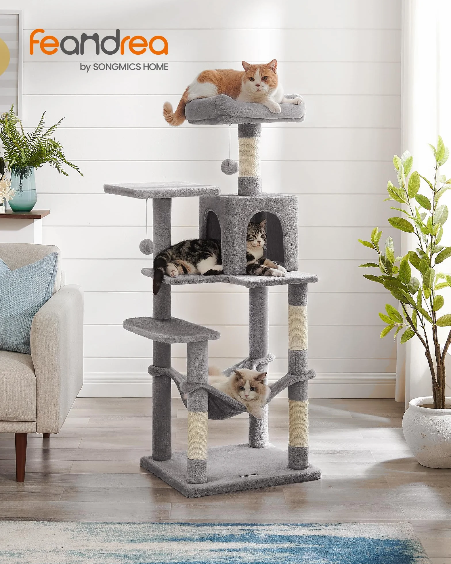 Feandrea Albero per Gatti Alto 143 cm, Tiragraffi per Gatti, con 4 Pali Graffiatoi, 2 Posatoi, 1 Grotta, 1 Amaca, 2 Pompon, in Peluche a Più Livelli, Grigio Chiaro PCT161W01