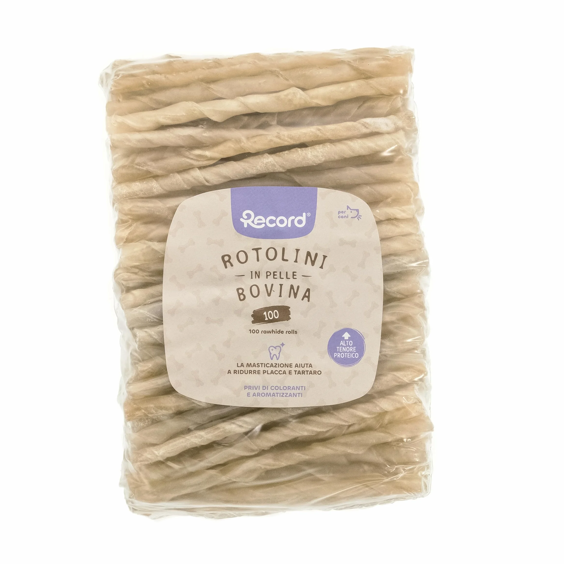 Rotolini di ossa termoretratte in pelle bovina da masticare per cani 100 rotolini medi?