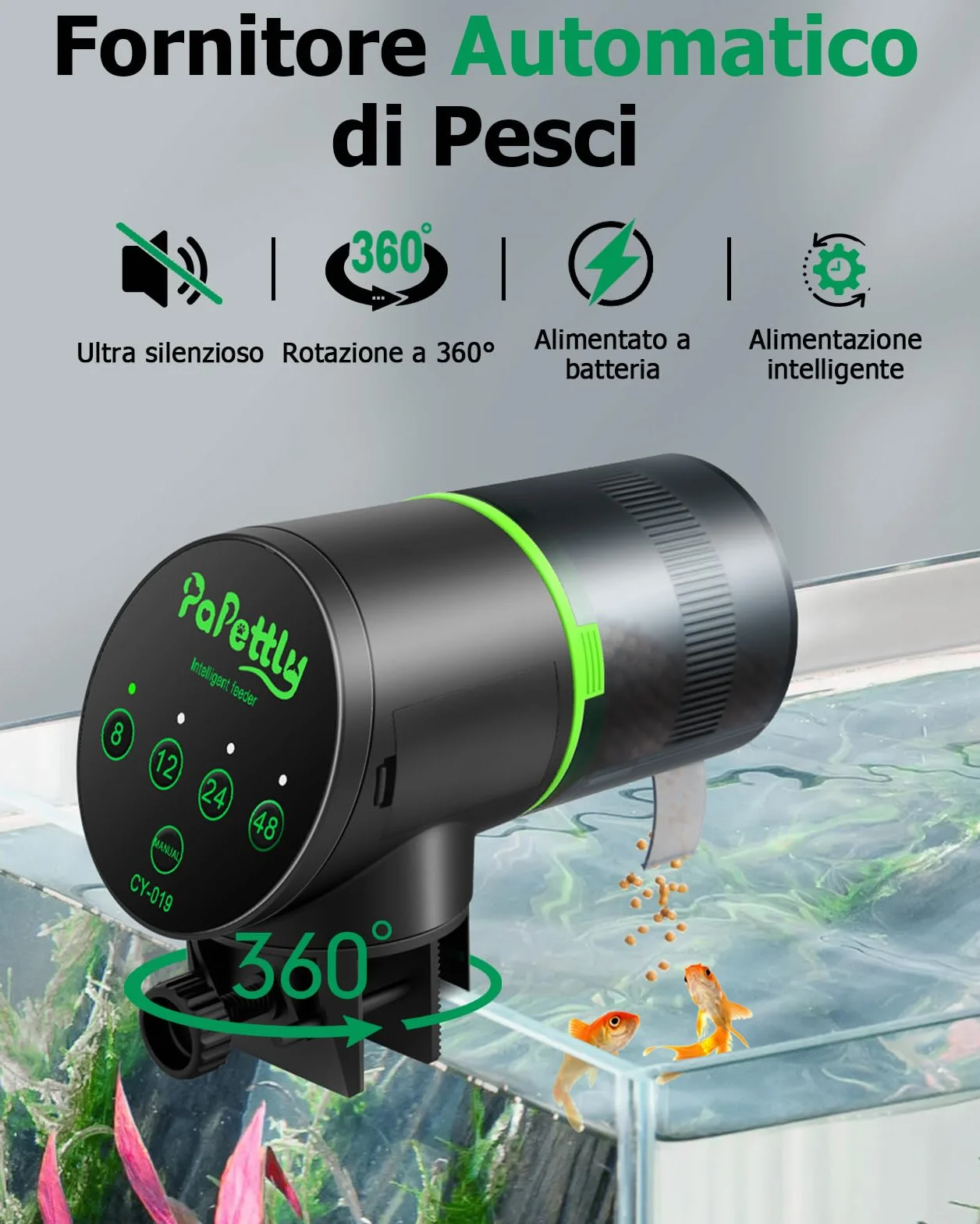 Papettly Mangiatoia Automatica Acquario 200ML con Timer per Pesci Tartarughe, 2 Batterie AAA