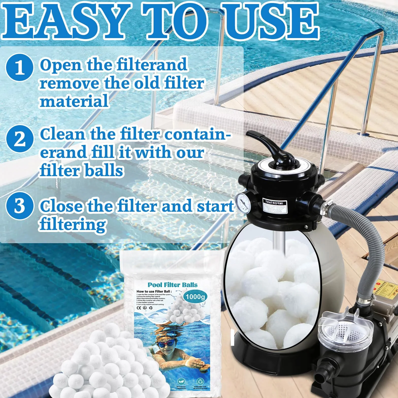 1000g Filtro Balls,Palline Filtranti per Piscina,Sfera Filtrante per Piscina,Filtro a Sfere di filtrazione,Essere riutilizzato,per Filtro Piscina,Adatto a Vari Filtro a Sabbia,Pompe Filtranti