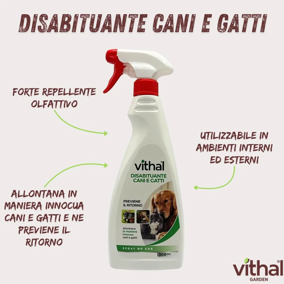 VITHAL Repellente per Gatti e Cani - Spray Liquido 500ml, Disabituante Gatti e Cani, Anti Urina Anti Graffio, Ideale per Tutte le Superfici, Interni ed Esterni, Adatto per Cuccioli e Adulti